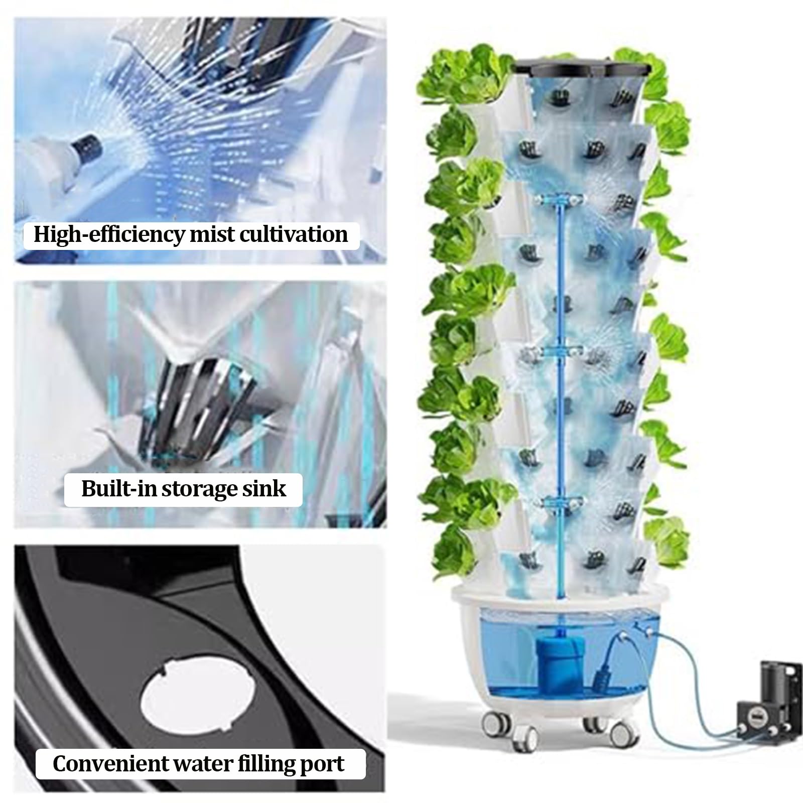 Torre di Coltivazione idroponica Verticale a 80 Fori e 10 Strati con Ruote, Tower Garden con Pompa dell'Acqua, Attrezzatura agricola idroponica Fai da Te per Erbe aromatiche da Interno