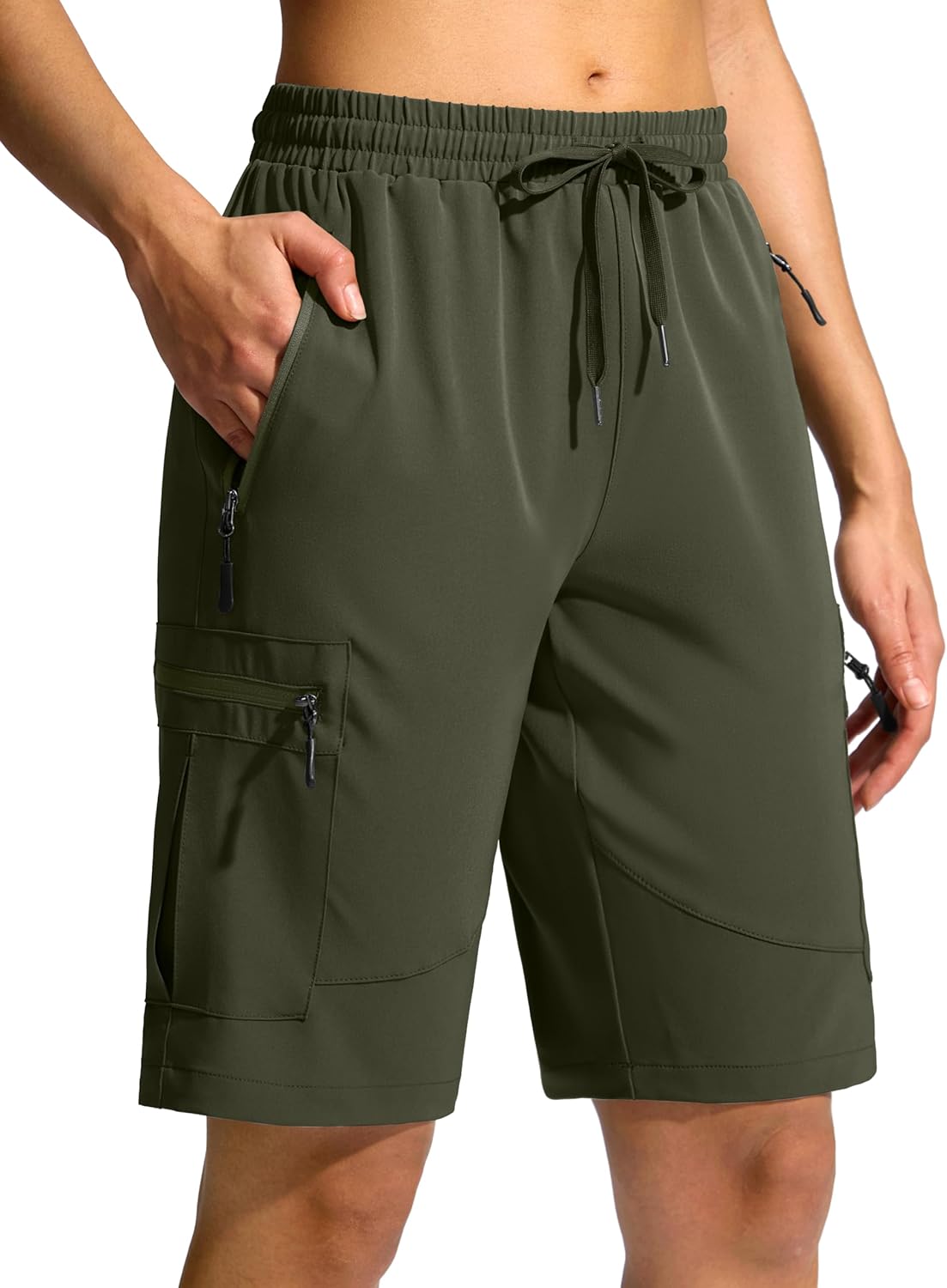 SANTINY Women's 10'' Lightweight Hiking Cargo Shorts with 5 Zipper Pockets Quick Dry Summer Long Travel Golf Shorts for Women