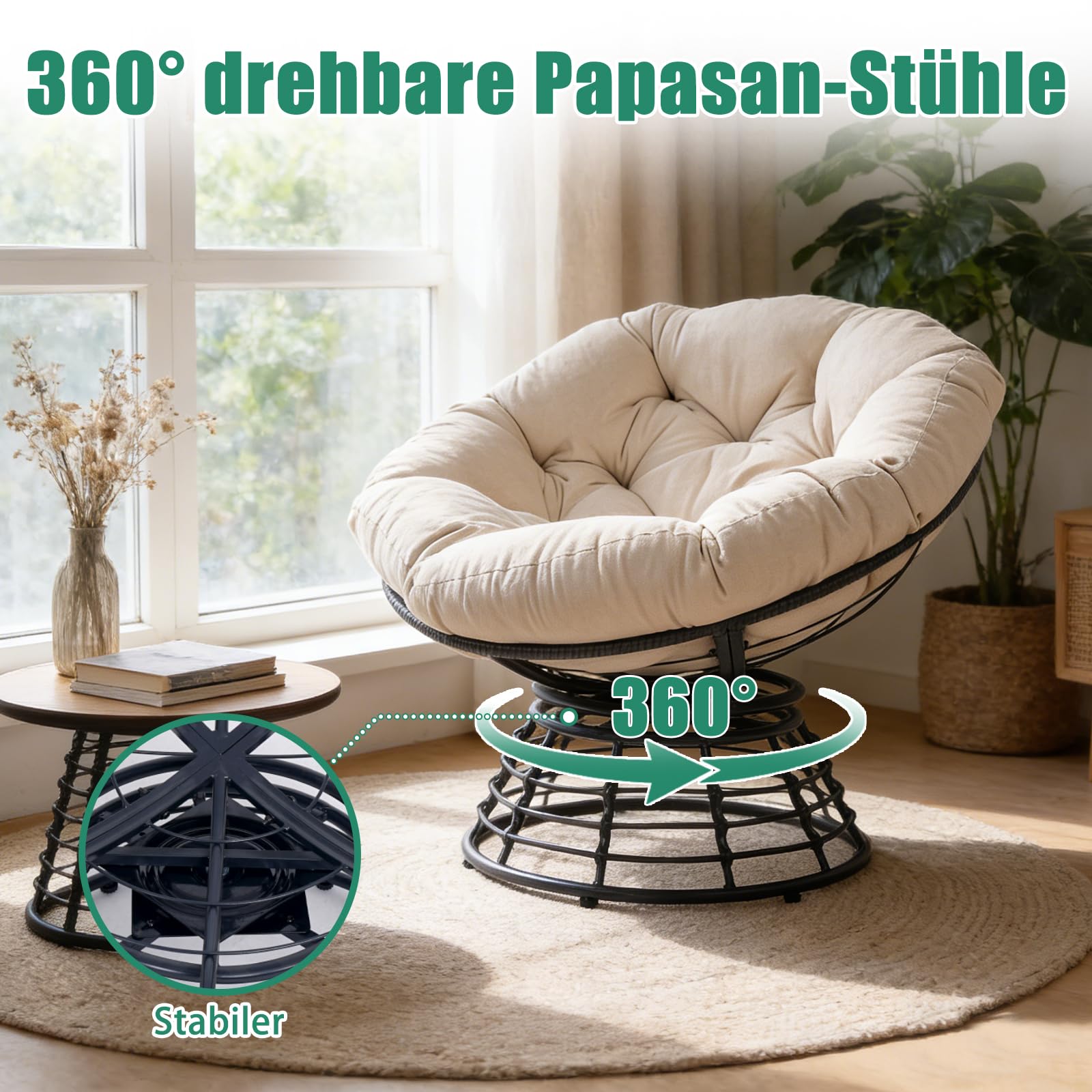 43" Ergonomischer 360°drehbarer Papasan-Sessel runder Korbsessel mit dickem Kissen Loungesessel für Wohnzimmer Schlafzimmer Leseecke Innen- Außenbereich, hellgraue Polsterung schwarzes Gestell