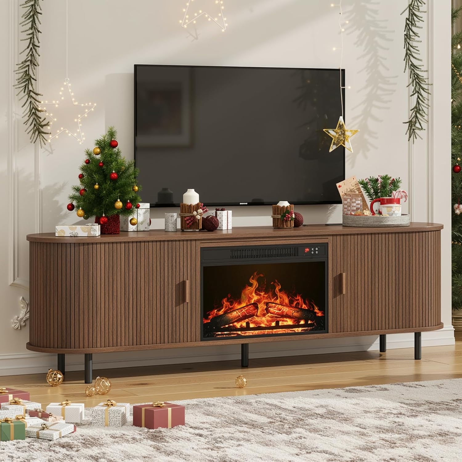 70.8" Fluted Fireplace TV Stand with 23" Electric Fireplace, Modern Chic Entertainment Center for TVs Up to 80 inches, Wooden Curved Media Console with Sliding Doors for Living Room, Walnut