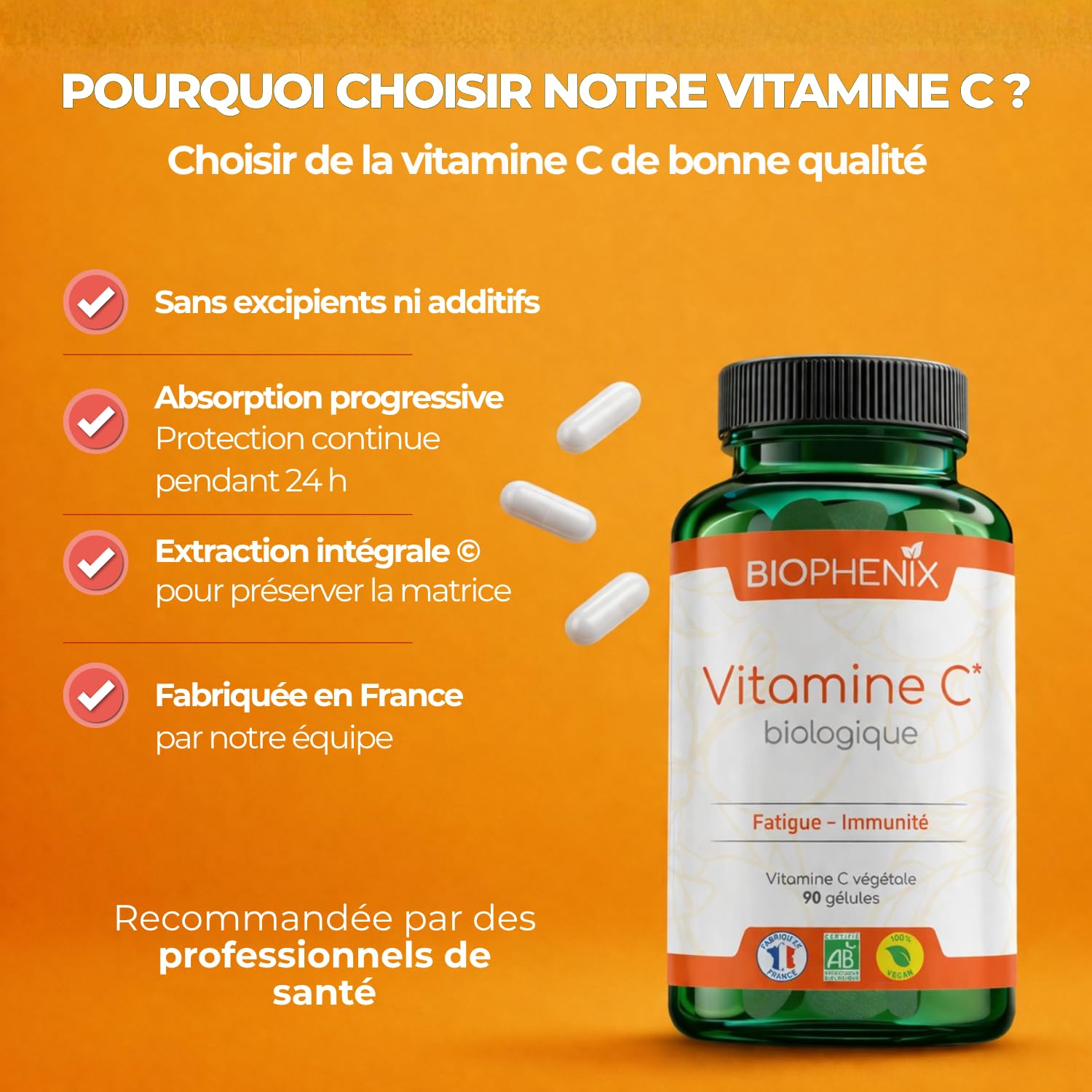 Biophénix Vitamine C Bio 100% Végétale 90 Gélules, Fatigue & Energie | Tonus et Vitalité, Procédé Exclusif Extraction Intégrale, 0% Excipient, 0% Additif, 0% Produit Chimique, Fabriqué en France