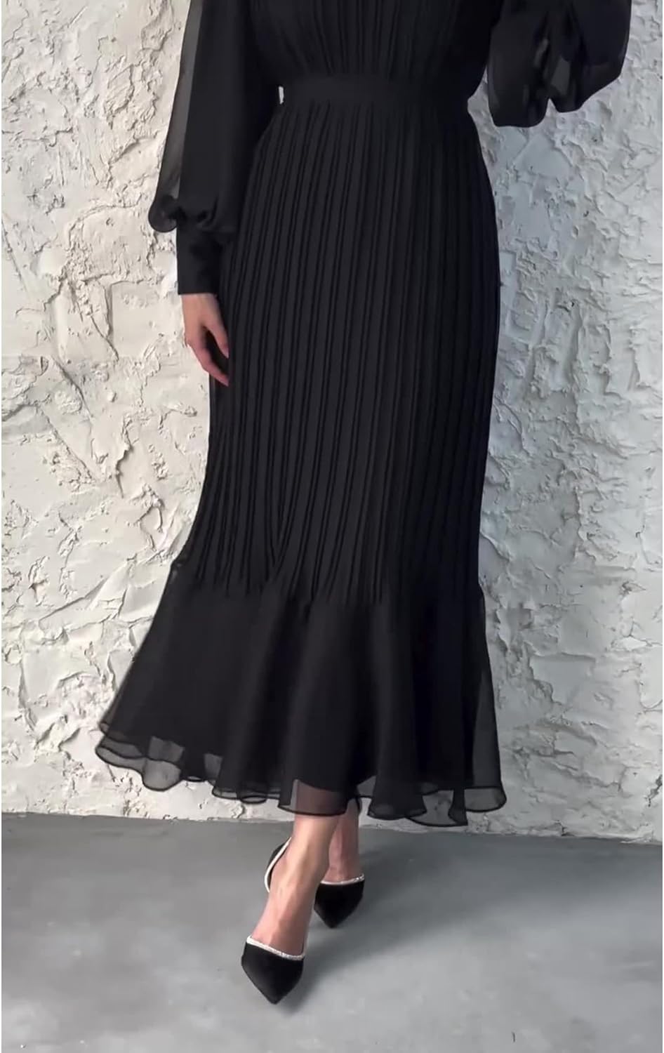 Sexyshine Women's Mock Neck Long Sleeve Full Pleated Chiffon Maxi Dress High Waist Belted A Line Cocktail Party Long Dress - Image 3