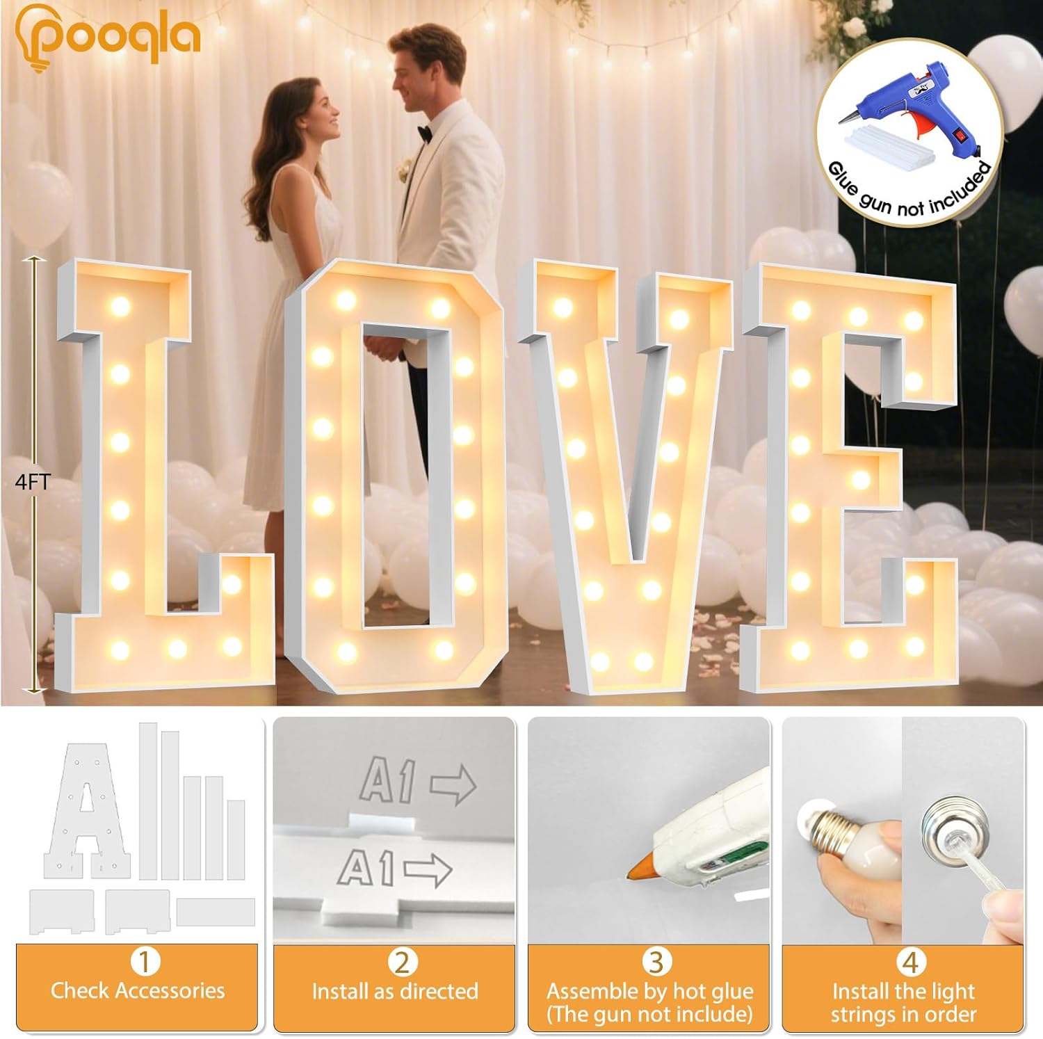 Pooqla 4 FT Marquee Light Up Letters, Marquee Letters 4 Feet Tall, Giant Mosaic Light Up Letter Sign for Birthday Party Baby Shower Homecoming Wedding Decorations, Big Letter A - Image 3