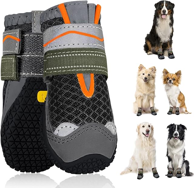 SlowTon Buty dla psów, ochrona łap, 2 sztuki, oddychające buty dla psów, z antypoślizgową podeszwą, regulowane, odblaskowe zapięcie na rzepy, buty dla małych, średnich i dużych psów