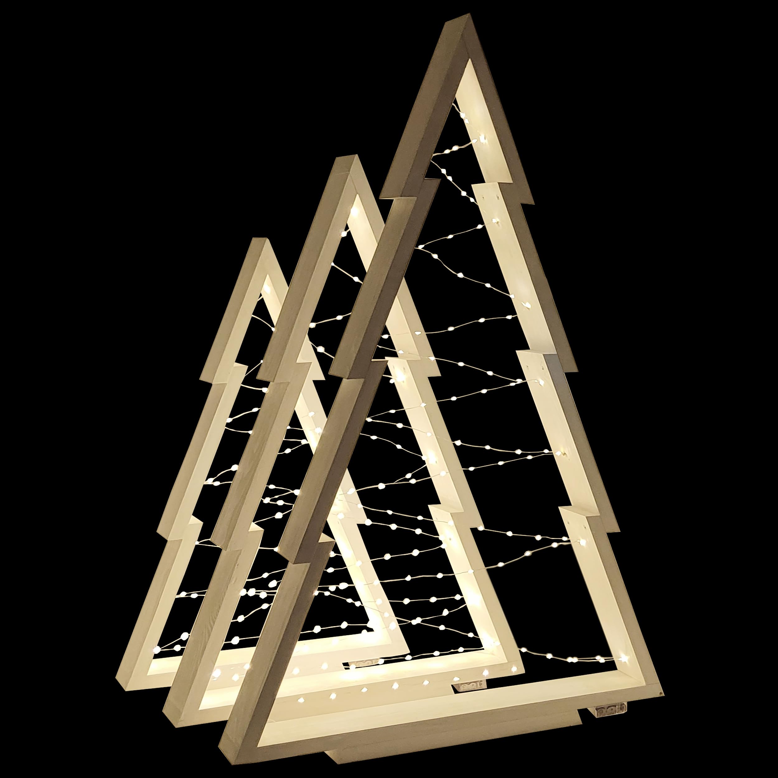 WEECO Set di decorazioni natalizie con 3 alberi di Natale in legno con illuminazione a LED, decorazione natalizia per esterni e interni, decorazione natalizia XLL fatta a mano con altezze di 113, 90,