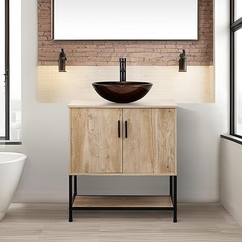 Miniatura 10 de UEV Juego de tocador de baño rústico de 30 pulgadas con fregadero, marco de hierro industrial con puertas y estante, con combinación artística de