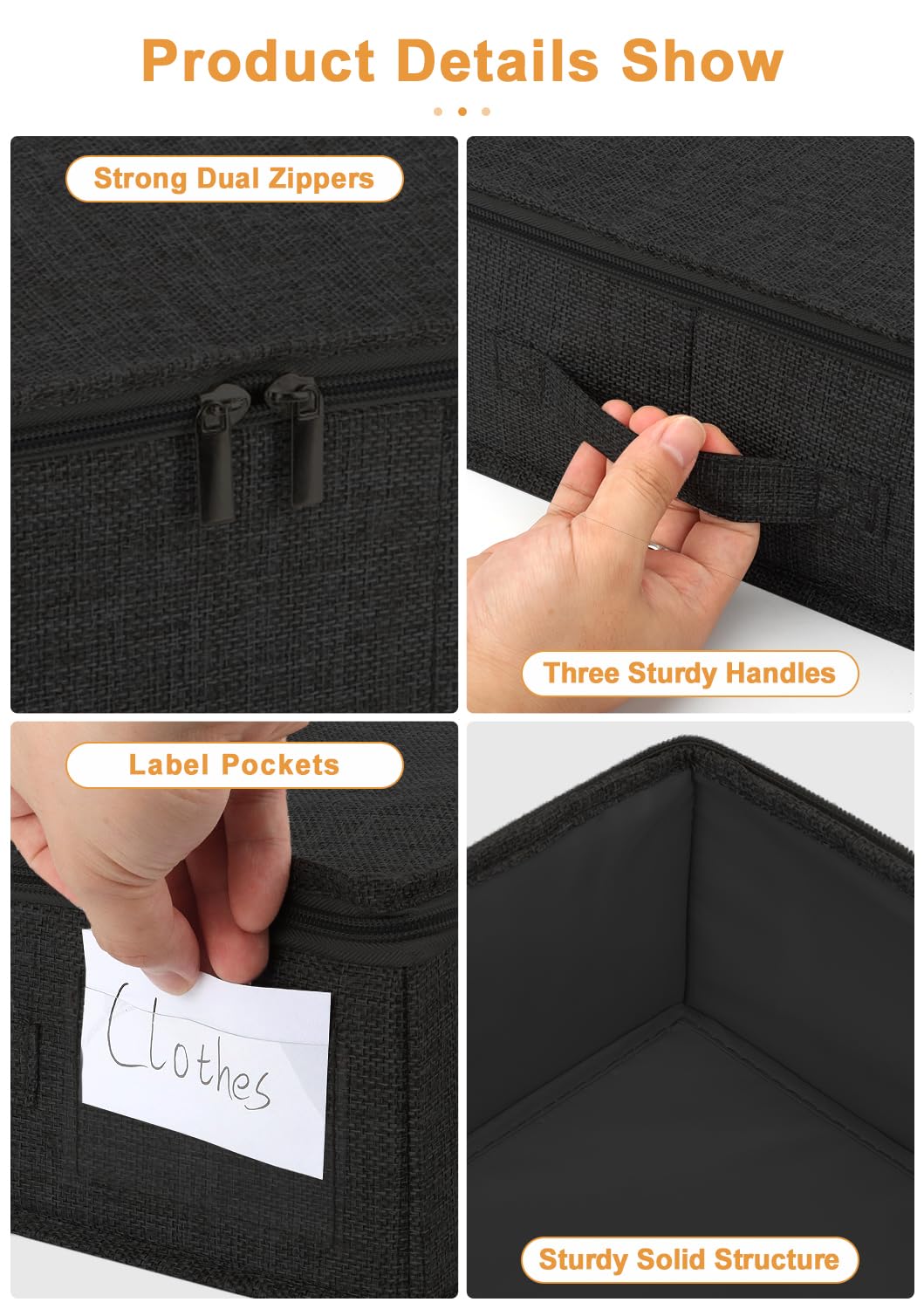 Lot De 2 Boîtes De Rangement Sous Le Lit Huquter 50 L - Avec Couvercle Et Poignées - Tissu Noir, Support Rigide - Pliables Et étanches