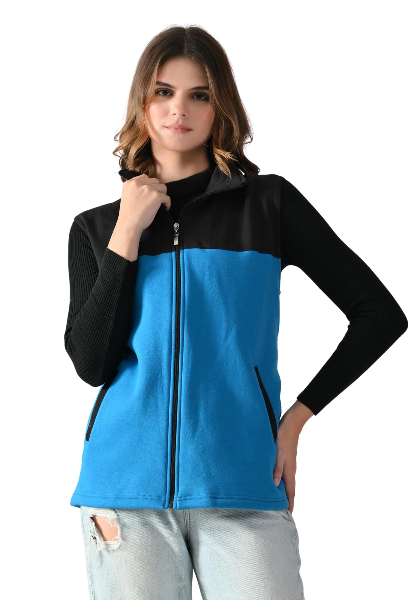 indi weaves Women's Colorblock Sleeveless Winter Jacket with High Neck, Full Zip Closure, Fleece Fabric & Both Side Pockets-picture-19