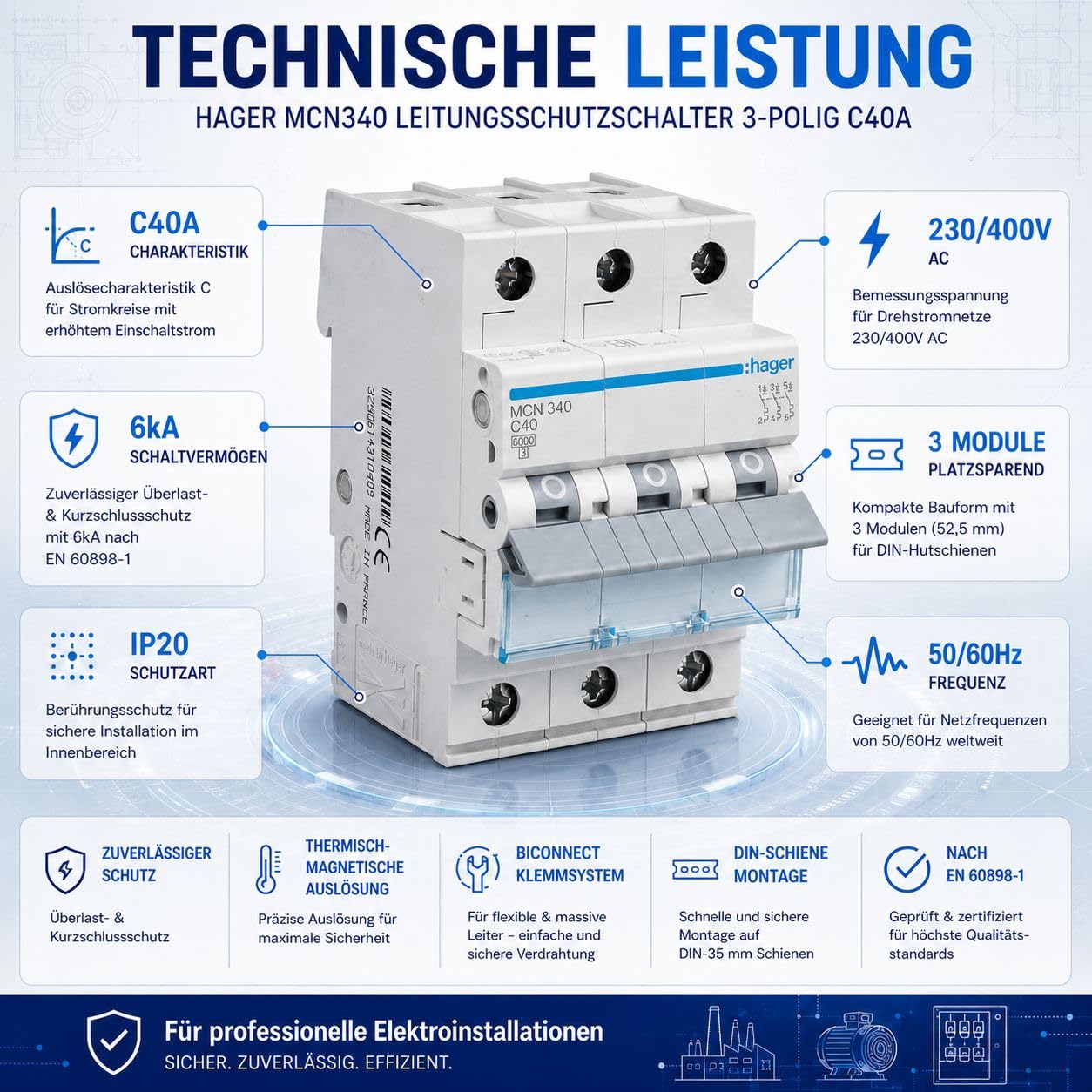 HAGER MCN340 Leitungsschutzschalter 40A 3-polig, C-Charakteristik, 6kA Sicherungsautomat für Drehstrom, biconnect Klemmsystem, 3 Module, 230/400V AC, nach DIN EN 60898-1, IP20