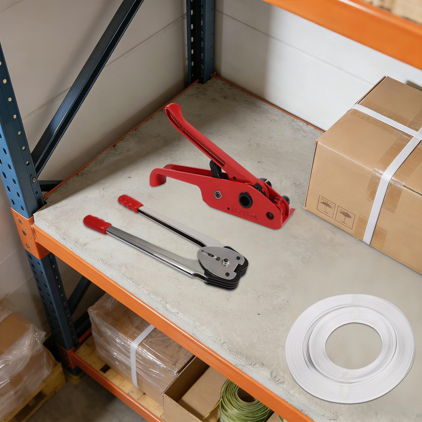 Juego de flejes manuales, paquete de palés, kit de bandas con tensor de flejado, cinta de polipropileno de 100 m de largo, un rollo de cinta de embalaje y juntas de metal, cinta de embalaje para