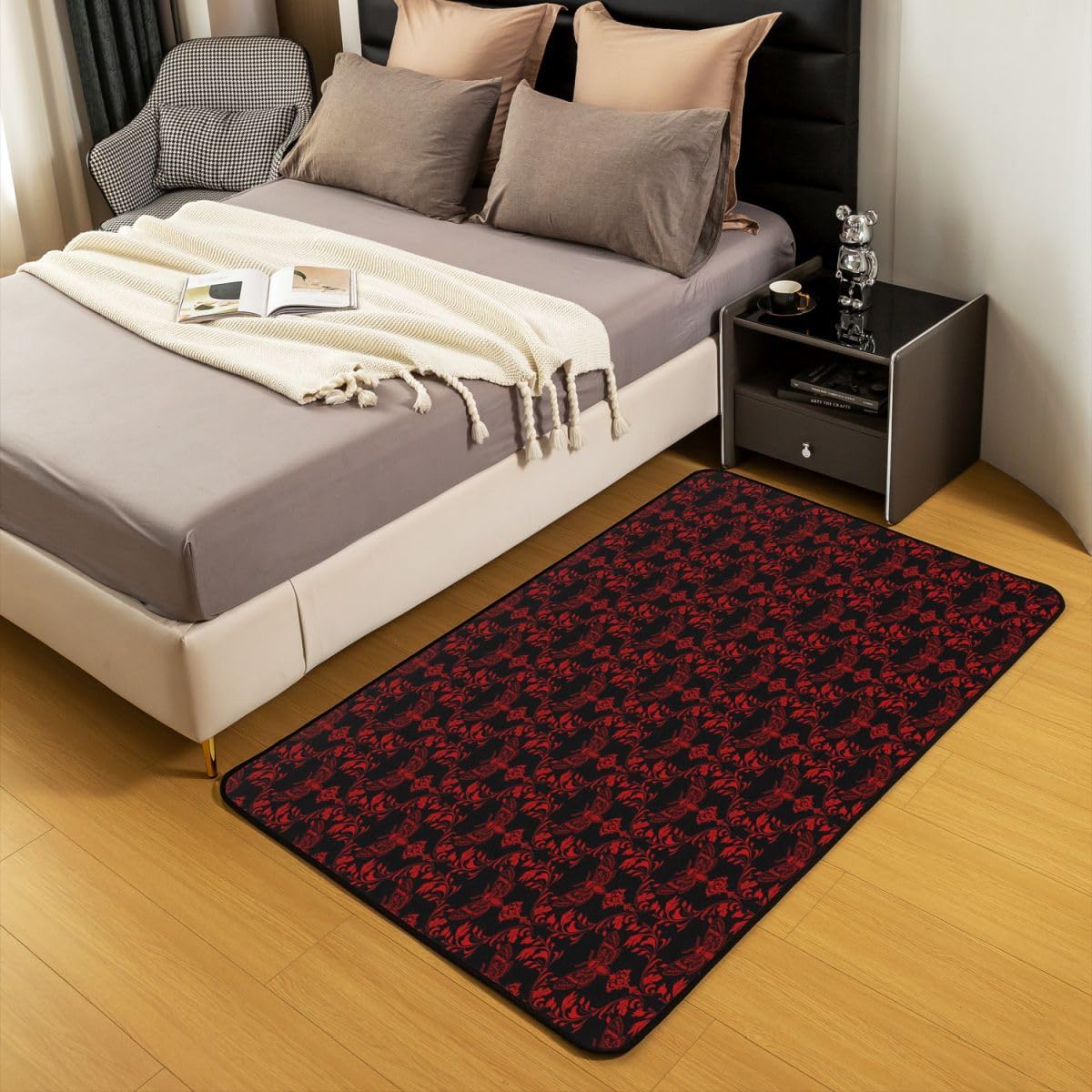 Gothic Moth 5x7 Area Rug Red Damask Living Room Rug | Baroque Victorian Rugs for Bedroom, Goth Vintage Floral Carpet Indoor Floor Mat