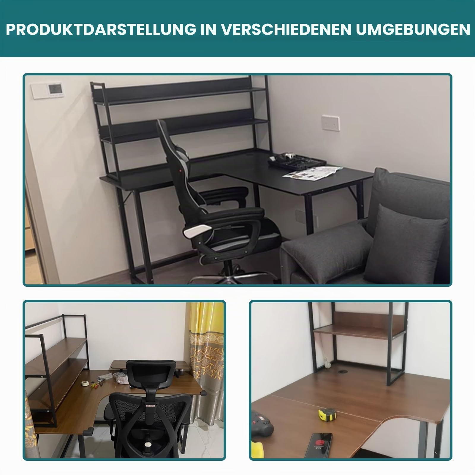 Schreibtisch L-Form Mit Regal - Gaming Tisch 120x60 Schwarz für Home-Office, Arbeiten, Studieren - Platzsparend