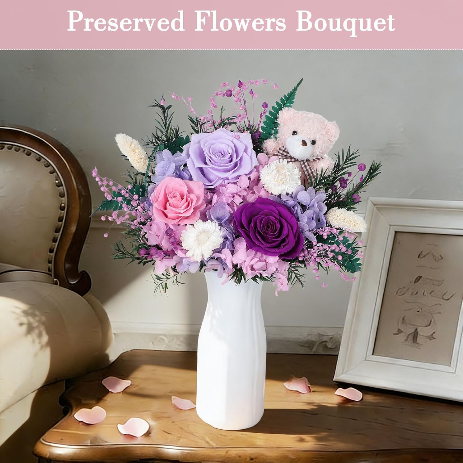 mapleway Preserved Flowers Bouquet with Bear, Long-Lasting Eteranl Flowers for Delivery Prime, 3 Roses Mixed Bouquet Forever Flowers Gifts for Mon Girlfriend Wife Her Anniversary Ceremony Birthday