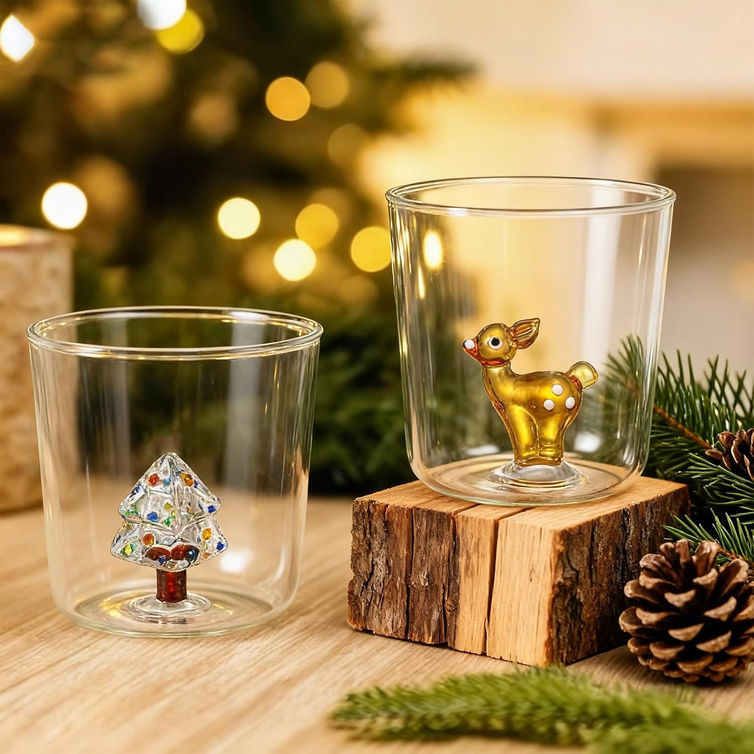 Potchen 2 Pcs 3D Drinking Glass Cup With Christmas Tree and Elk Inside Stemless Wine Glasses 10 oz Xmas Glasses Drinkware for Home Bar Christmas Party, Juice Glass