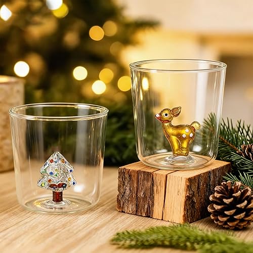 2 Pcs 3D Drinking Glass Cup With Christmas Tree and Elk Inside Stemless Wine Glasses 10 oz Xmas Glasses Drinkware for Home Bar Christmas Party, Juice Glass