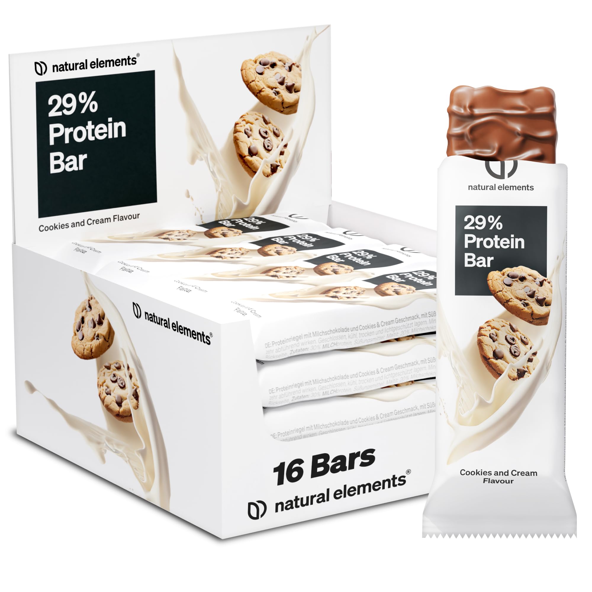 natural elements Proteinriegel Cookies & Cream – Low Sugar Eiweißriegel – 13g Protein und 164kcal pro Riegel – 16x45g, vegetarisch, ohne Palmöl, – in Deutschland laborgeprüft