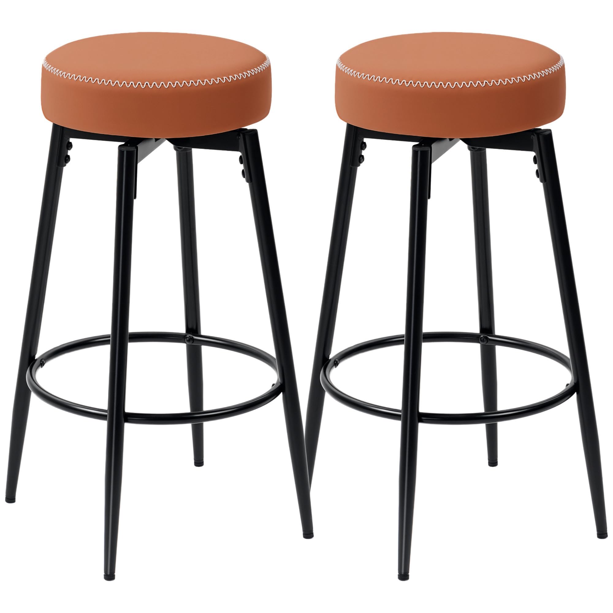 HOMCOM 360 Degree Swivel Bar Stools Set of 2, Kitchen Counter Stools with Footrest, Faux Leather with Stitching, Modern Barstools for Breakfast Island, 69 cm Tall, Brown