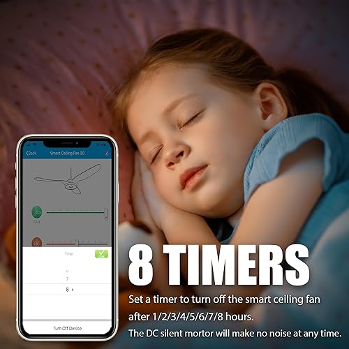 Miniatura 6 de CEME Ventilador de techo moderno de montaje empotrado, 48 pulgadas, motor de CC silencioso de 10 velocidades, control inteligente, luz LED de 1915