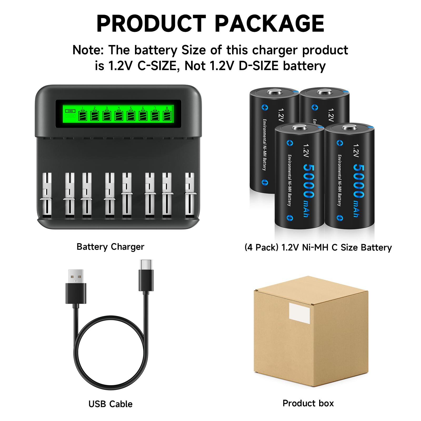 CITYORK Batterie LCD Chargeur Set - pour Ni-MH/Ni-CD AA AAA C D - avec Batteries C 4000mAh (4 pièces)