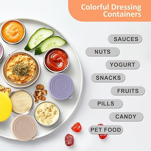 Vista 4 de 3 tazas de aderezo de acero inoxidable de 1.6 onzas con tapa de silicona a prueba de fugas, recipiente de salsa reutilizable, caja de condimentos