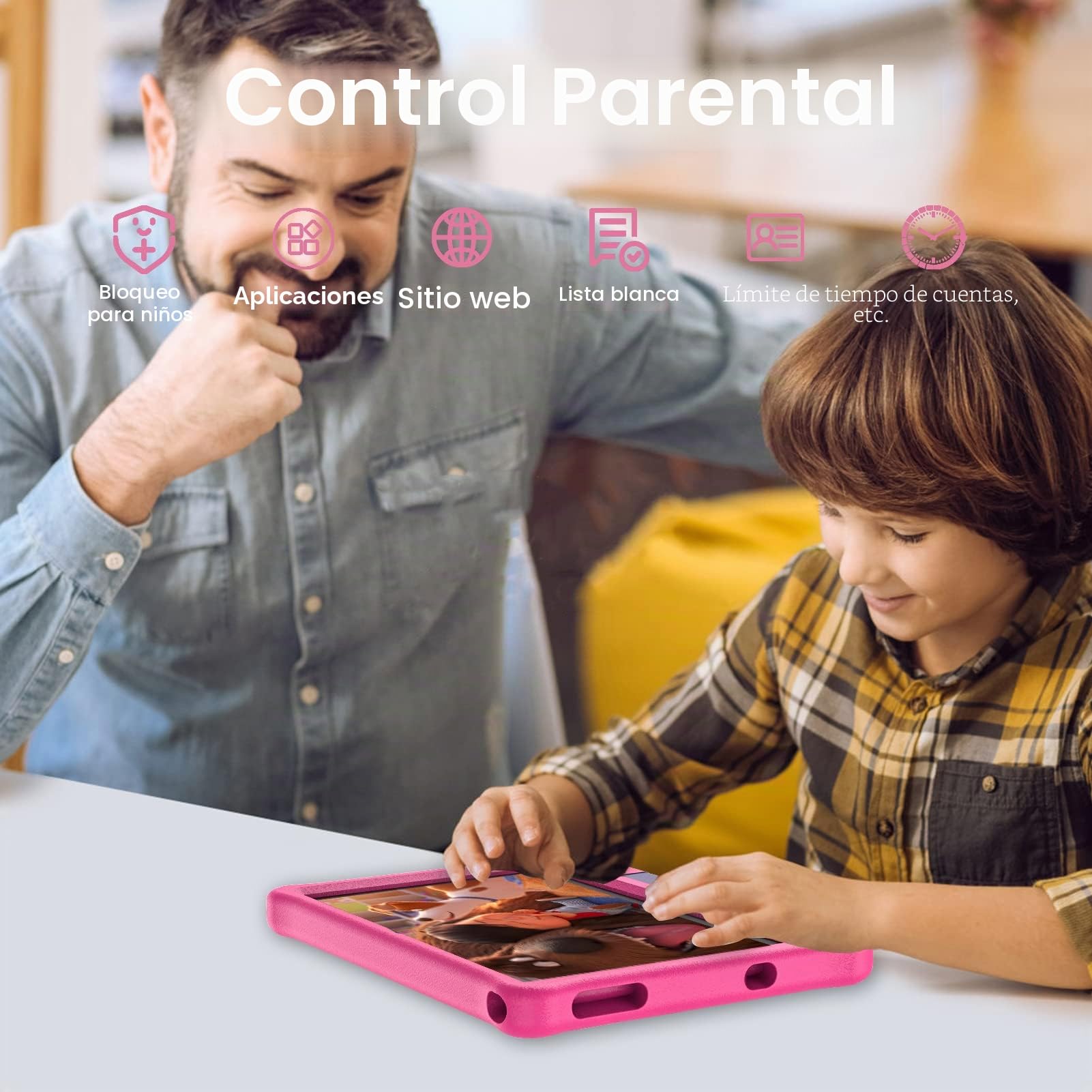 PRITOM Tableta Android 12 para niños, Pantalla IPS HD de 10'', 3GB+64GB, Software IWAWa Kids preinstalado, Control de Juegos educativos, Tableta WiFi con Estuche de Seguridad (Rosa)