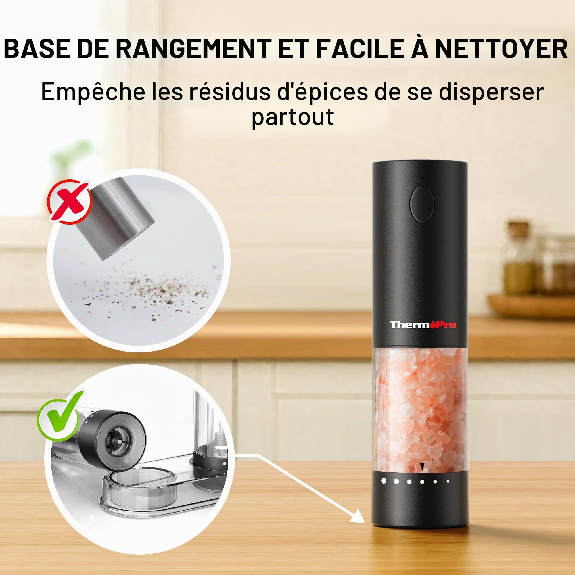 ThermoPro Ensemble de moulins à sel et à poivre électriques rechargeables 110ml avec réglage externe LED