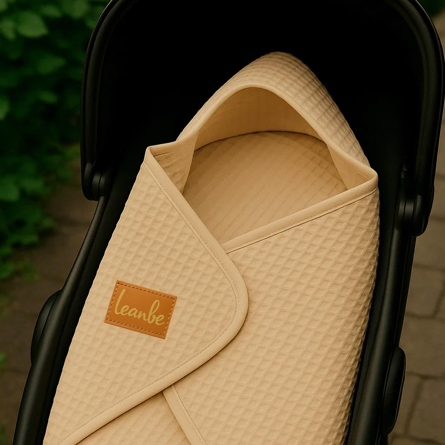 Einschlagdecke aus Waffelstoff für den Sommer 100% Baumwolle Babydecke für Autositz Kuscheldecke Kinderwagedecke Für Kinderwagen Buggys 3 Punkt Gurt (Beige)