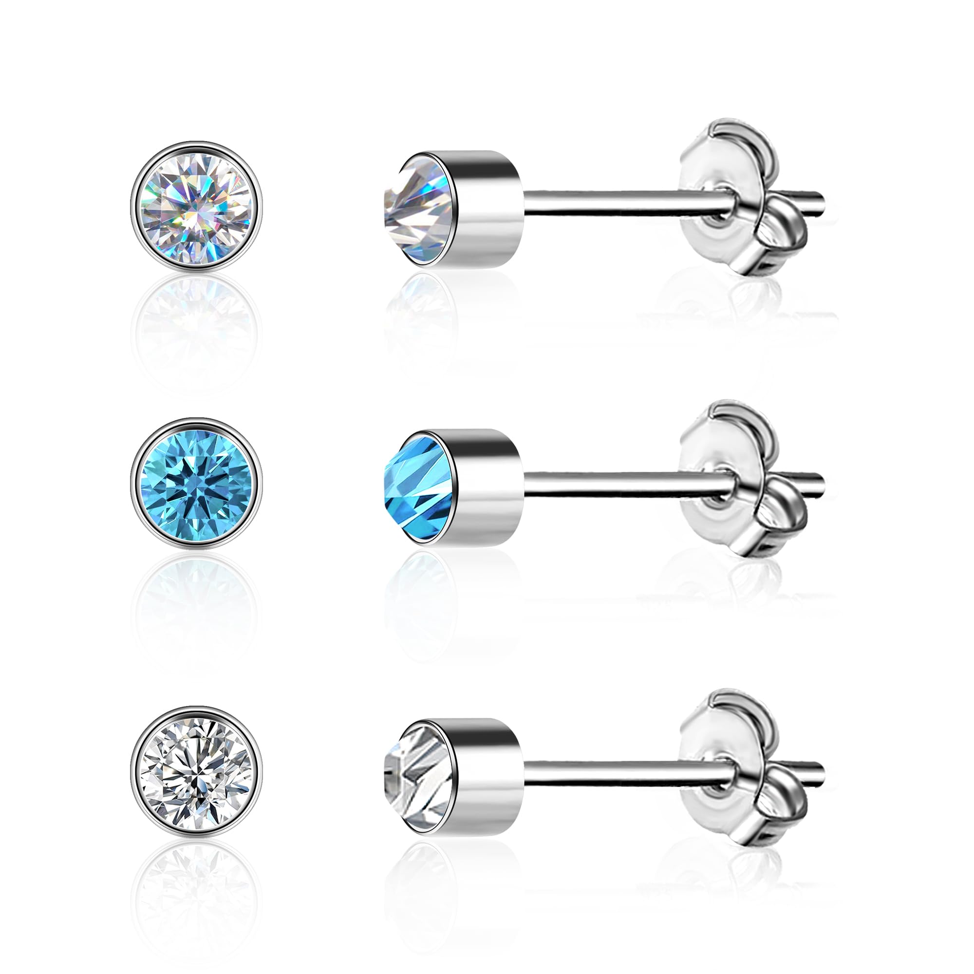 Aroncent Set 6 Orecchini In Acciaio Inox 316L Con Opale Bianco/Blu/Rosa - 3mm 4mm 5mm, Eleganti E Ipoallergenici