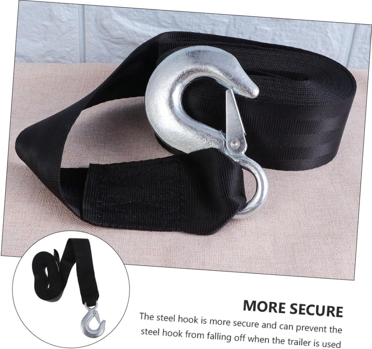 Black Polyester Trailer Winch Strap with Steel Hook, 1.5 Ton