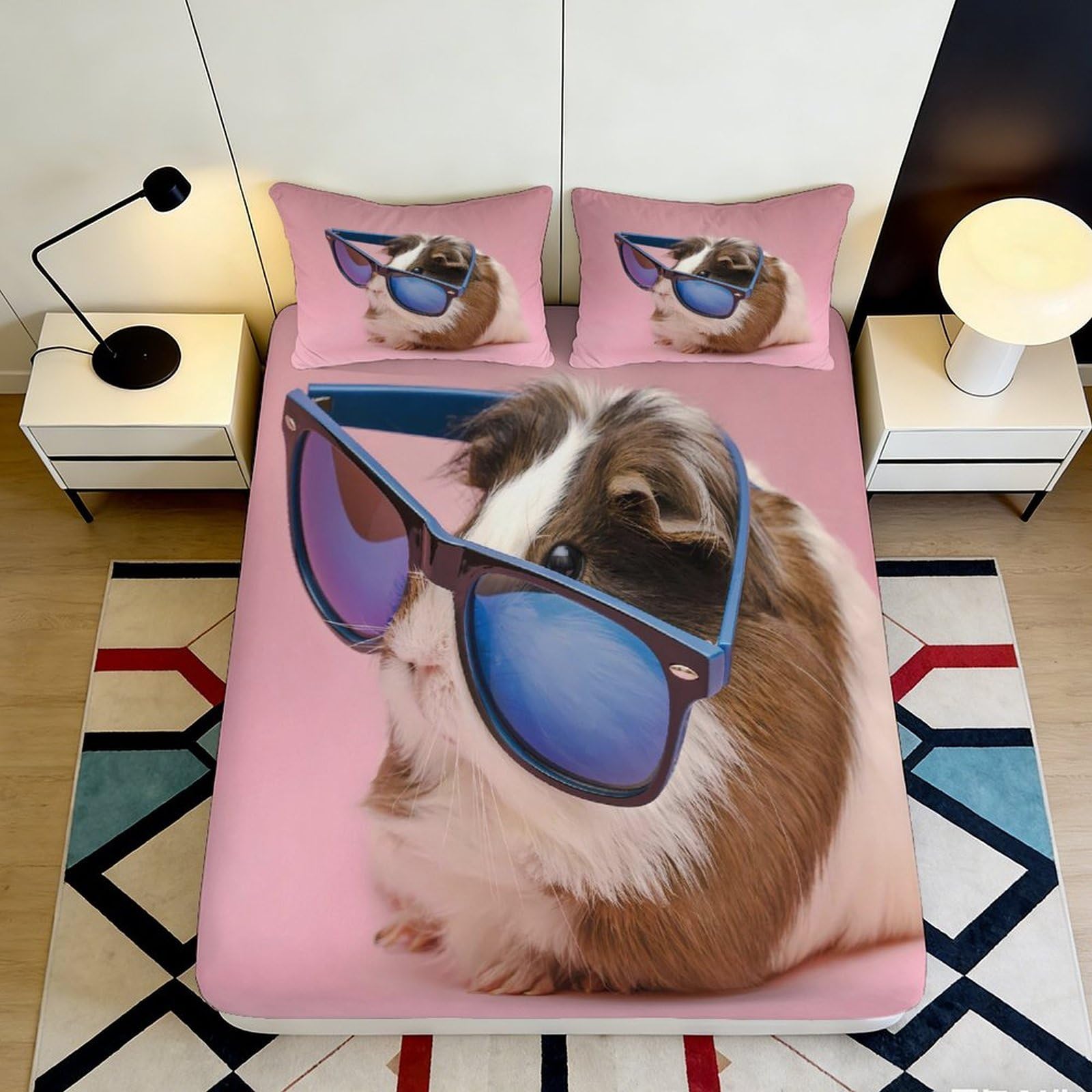 Pnayamiorkfel Style-3 3D Printed Guinea Pig Sunglasses Fitted Sheet Microfiber Soft Pink Cartoon Bed Cover For Bedroom Guestroom Decor 90X200x25cm