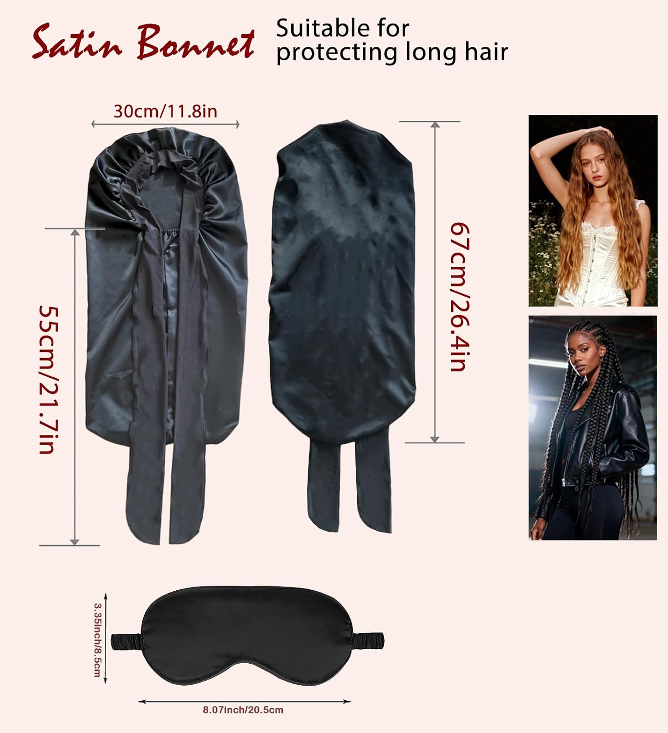 Womens 2Pcs Silk Satin Bonnet Long Hair Bonnets For Sleeping Silky Bonnet With Eye Mask Braids Curly Hairs Sleep Cap
