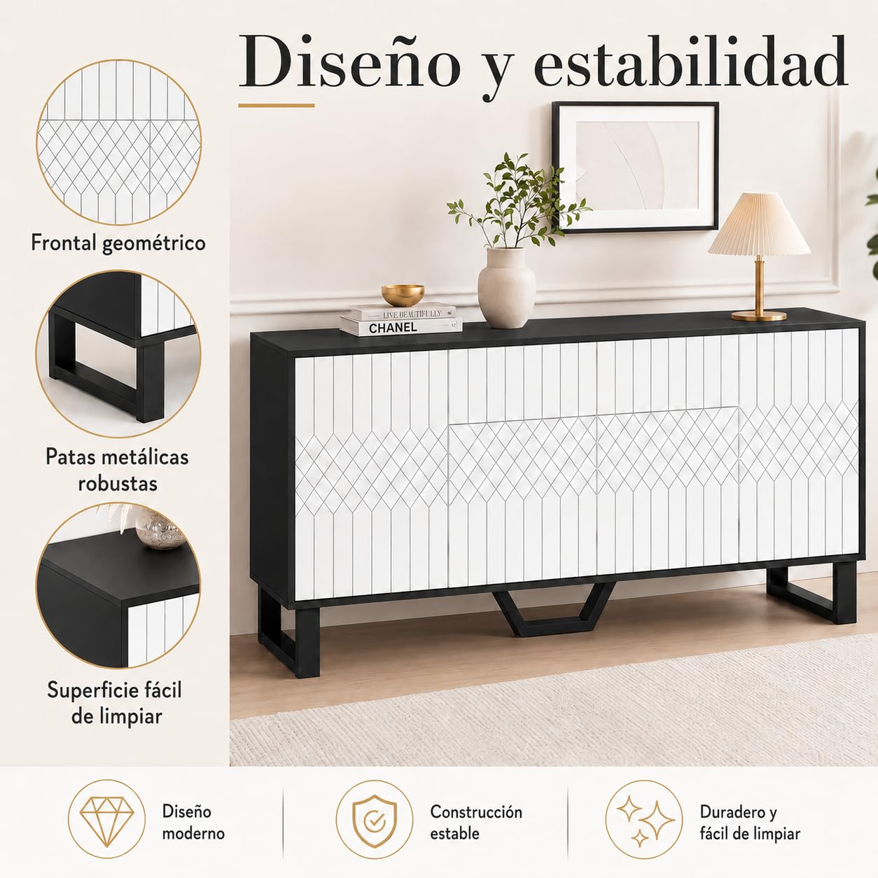 Aparador Blanco-Negro 160cm con Frente Geométrico – Cómoda con Cajón Push-to-Open, 4 Puertas & Pata en V Metálica, 50kg – Bufet para Salón & Comedor, 160×78×40cm