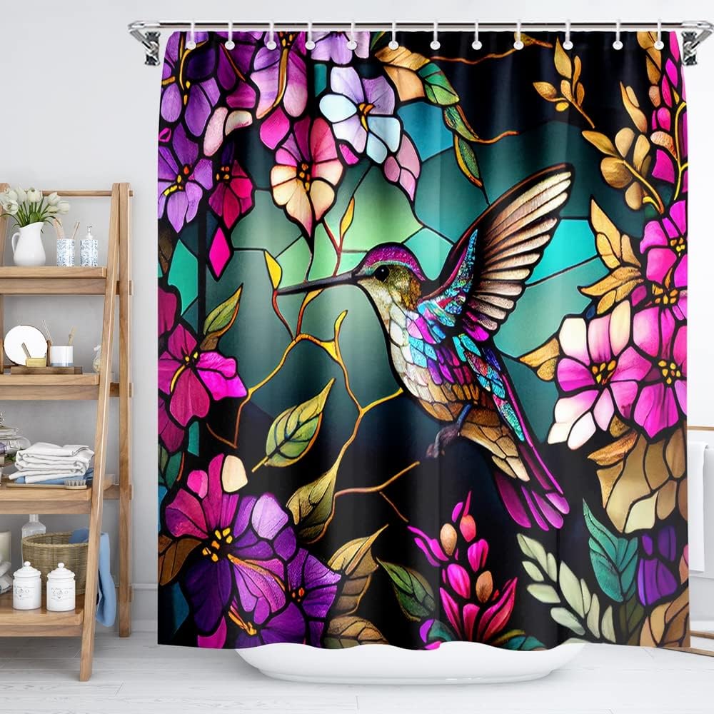 Reateforin Spring Shower Curtain Flower,Hummingbird Shower
