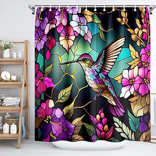 Spring Shower Curtain Flower,Hummingbird Shower Curtain for Bathroom with Hooks,Watercolor Polyester Fabric Shower Curtain Sets Machine Washable Waterproof Modern Bath Curtain Decor 72