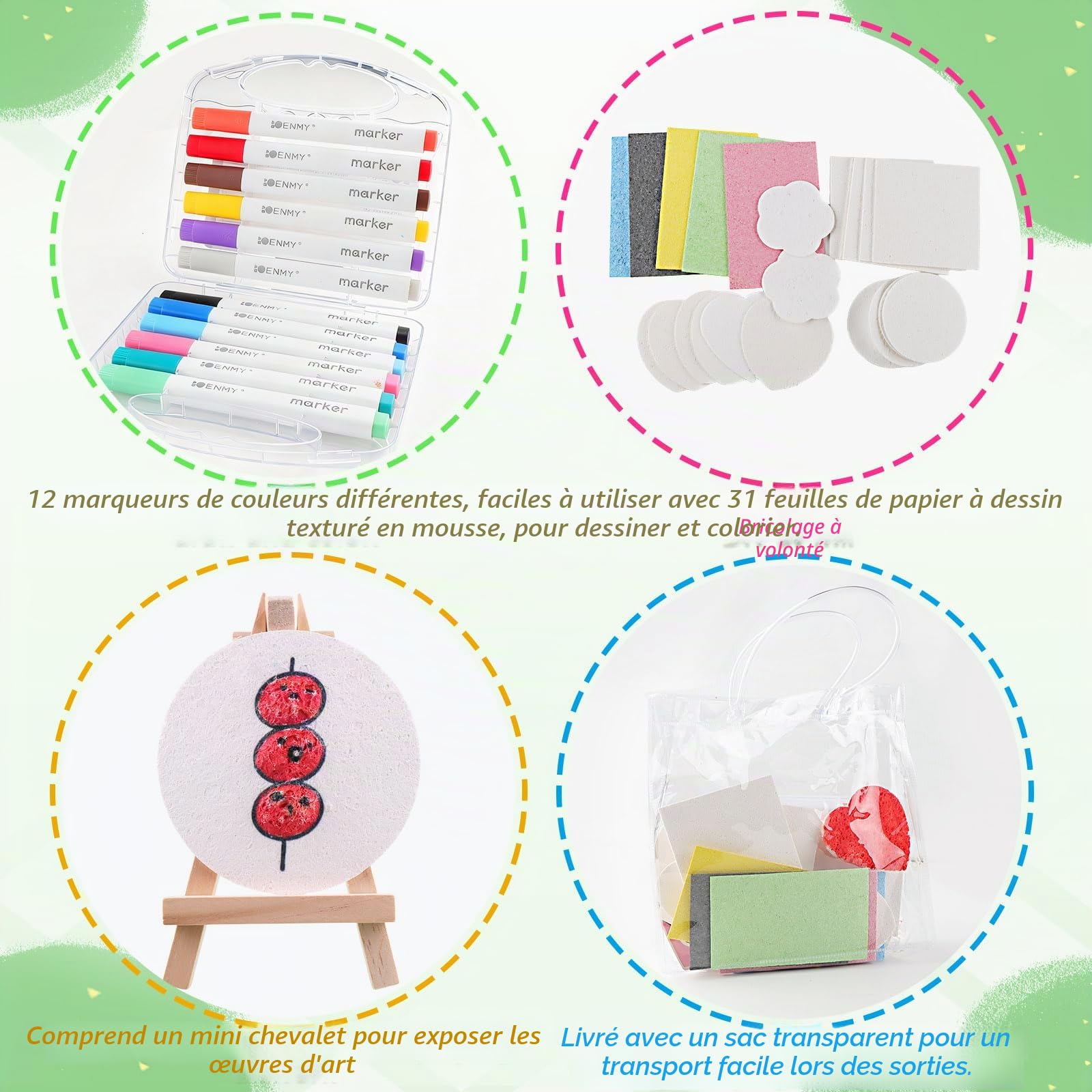 UBERMing 72 Pièces Kit de Peinture Texturée en Mousse, Magic Puffy Paint Set 3D Eponge de Dessin avec 31 Papier de Peinture Texture Mousse 12 Feutres de Couleur et 1 Sac de Rangement
