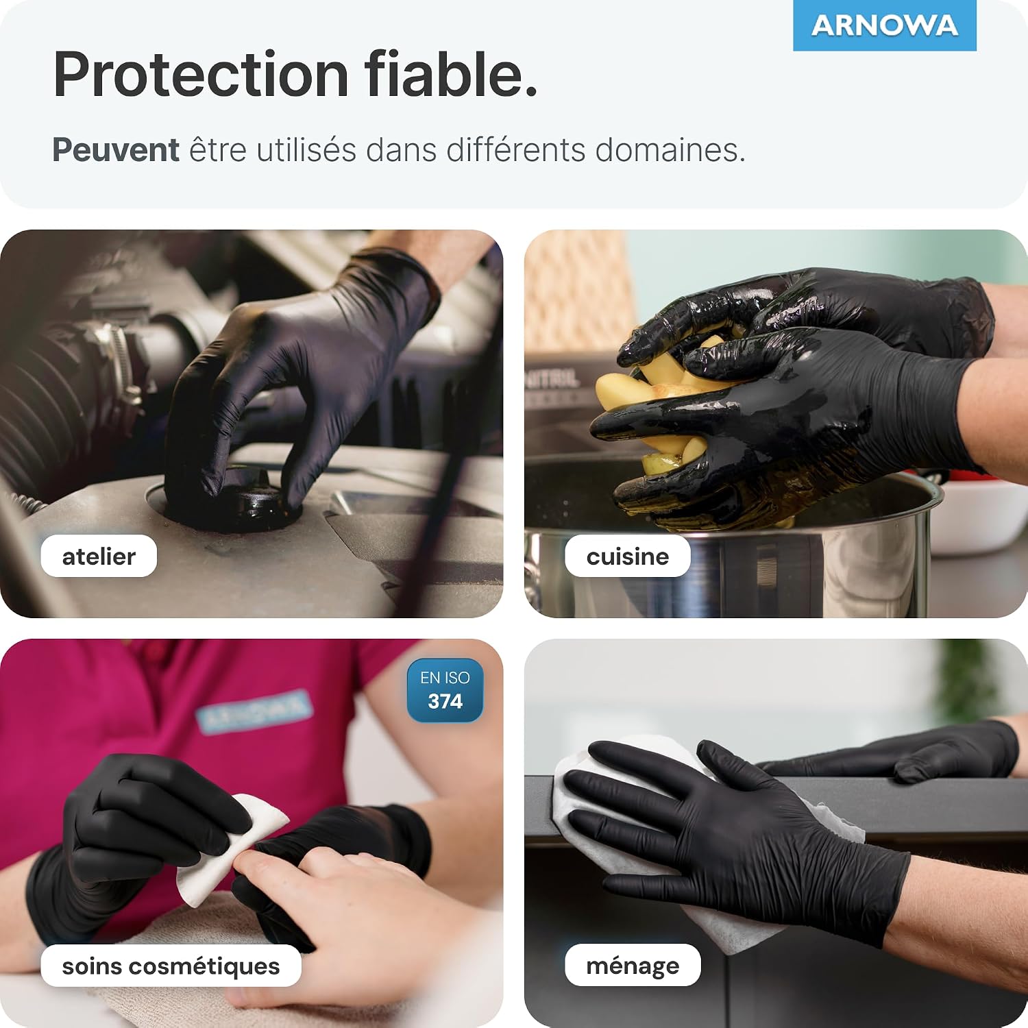 ARNOMED Gants nitrile taille L, gant nitrile noir, 100 pièces/boîte, gants noir jetable no - Mise en situation et utilisation