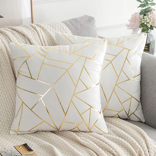 Pack of 2 Cushion Cover White and Gold 45cm x 45cm Sofa Pillow Covers Square Pillowcases Soft Velvet Cushion Covers for Chair Couch Living Room Bedrooms 18 x 18 Inch