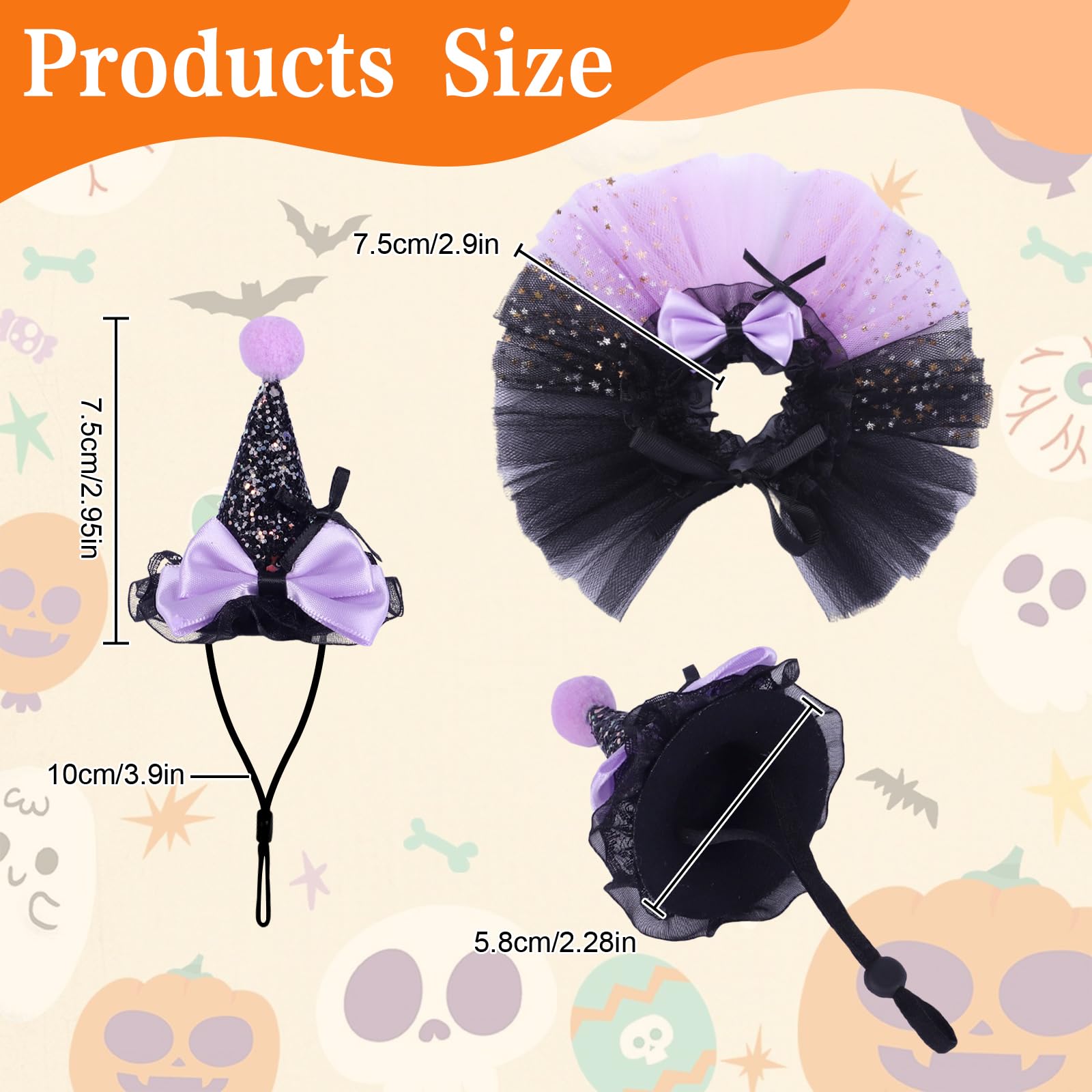 Fnaobai 2pcs Bearded Dragon Witch Costume Set Small Pet Adjustable Hat Bow Tutu Skirt Outfits for Lizards Guinea Pigs Bunny Ferrets for Celebrations Halloween Parties (Glitter Purple) - Image 2