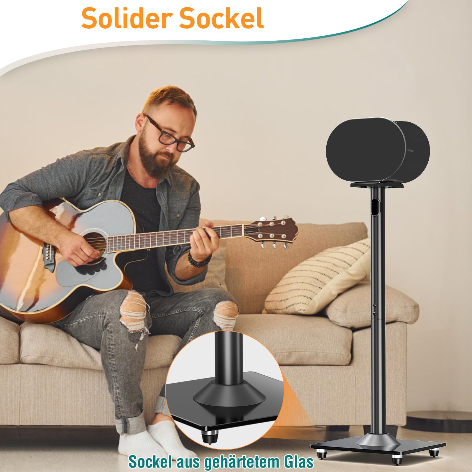 ELIVED Lautsprecherständer für Sonos Era 300, Höhe 80,7cm Bodenständer mit Glassockel, Max. 5kg, Schwarz, 1 Paar, EV5026