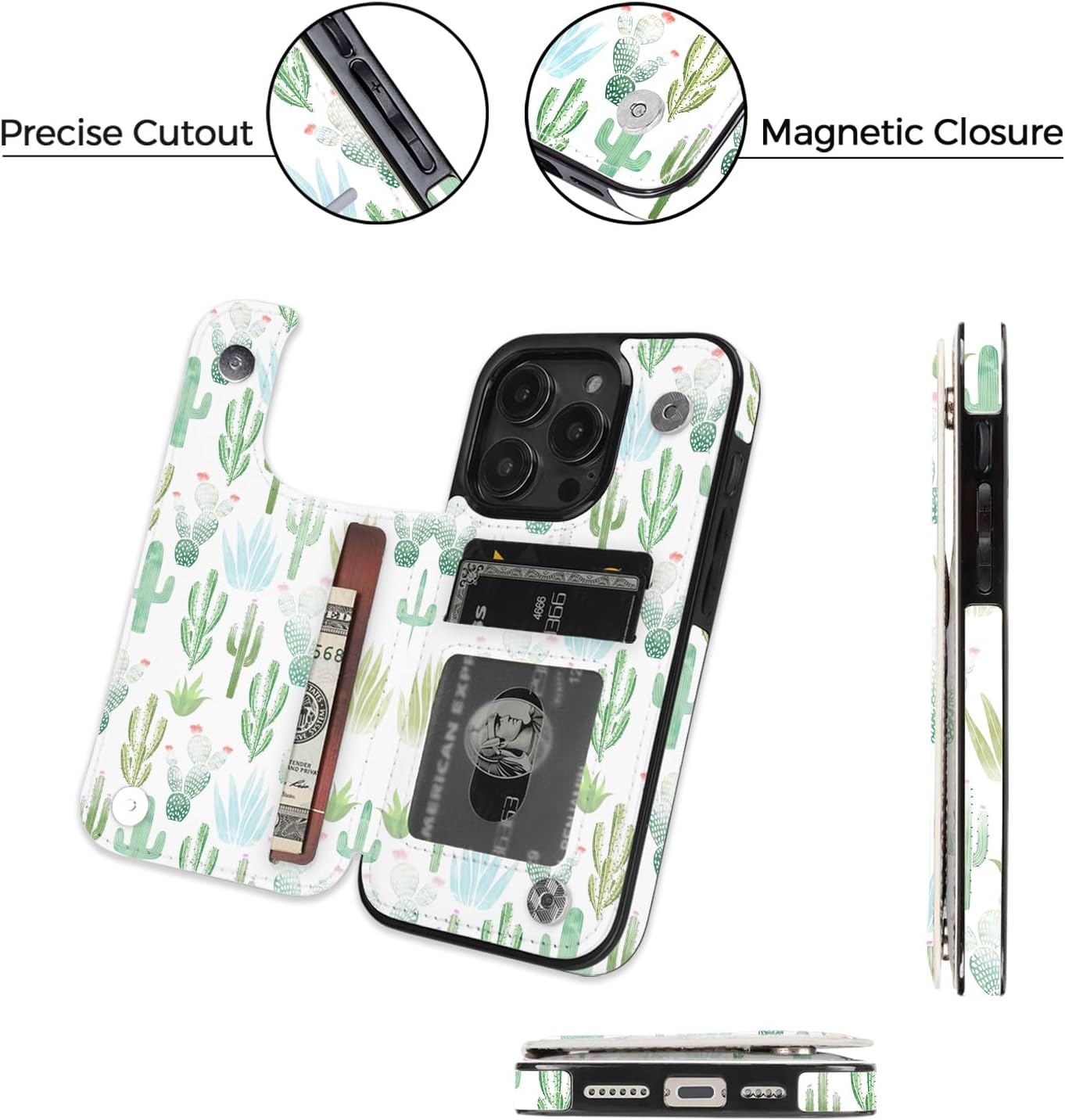 uCOLOR Compatible with iPhone 16 Pro 6.3" Wallet Case with Card Holder Slot Folio Flip PU Leather Kickstand Double Magnetic Clasp and RFID Blocking Design Cover 6.3 Inch (Green Cactus) - Image 4