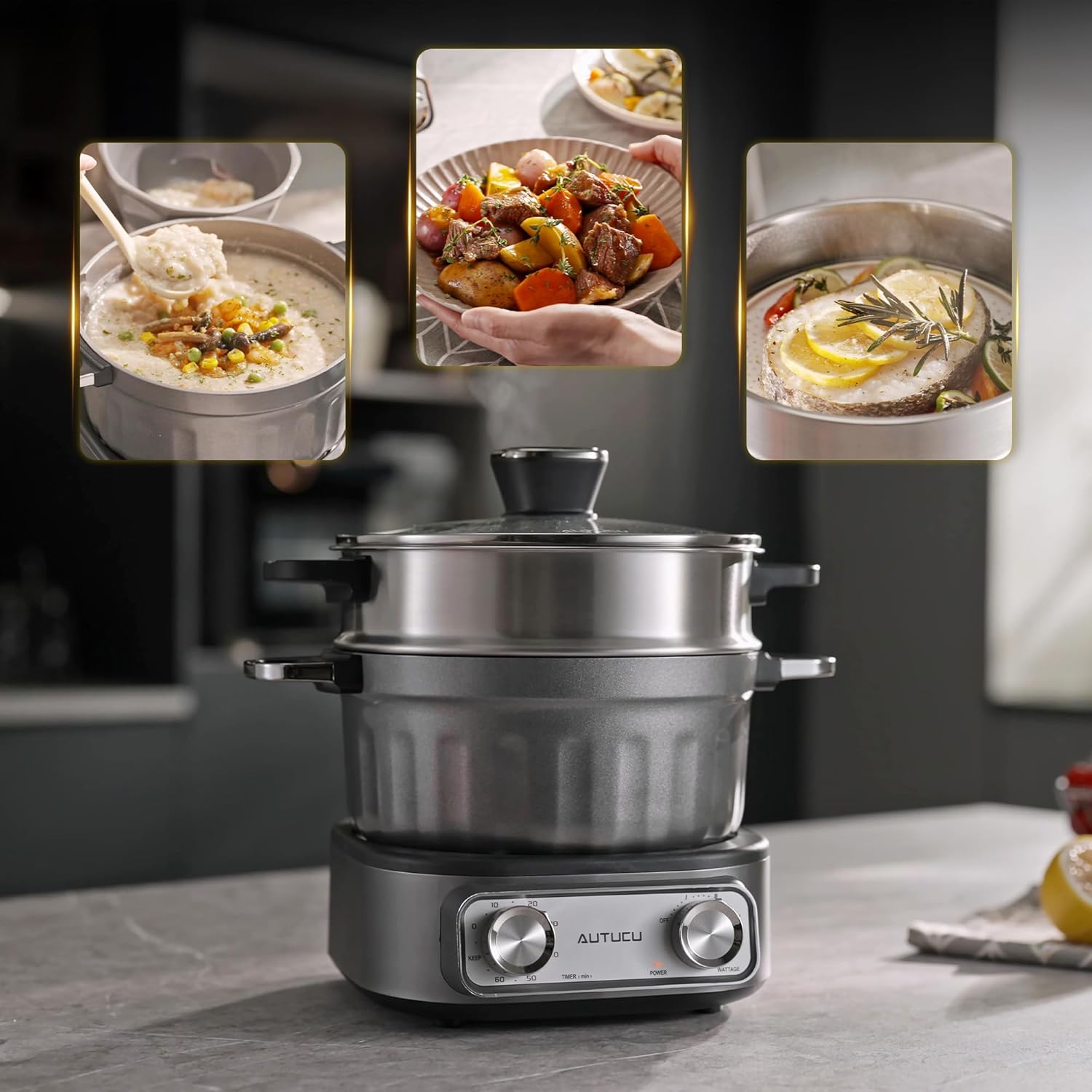 N74SNA Hot Pot Electric, Multi-Cooker 2.5 Quart Grill Steamer Set, PFOA-Free Nonstick for Steak, Soup, Fried Rice, Oatmeal, Egg, Ramen with Power Adjustment