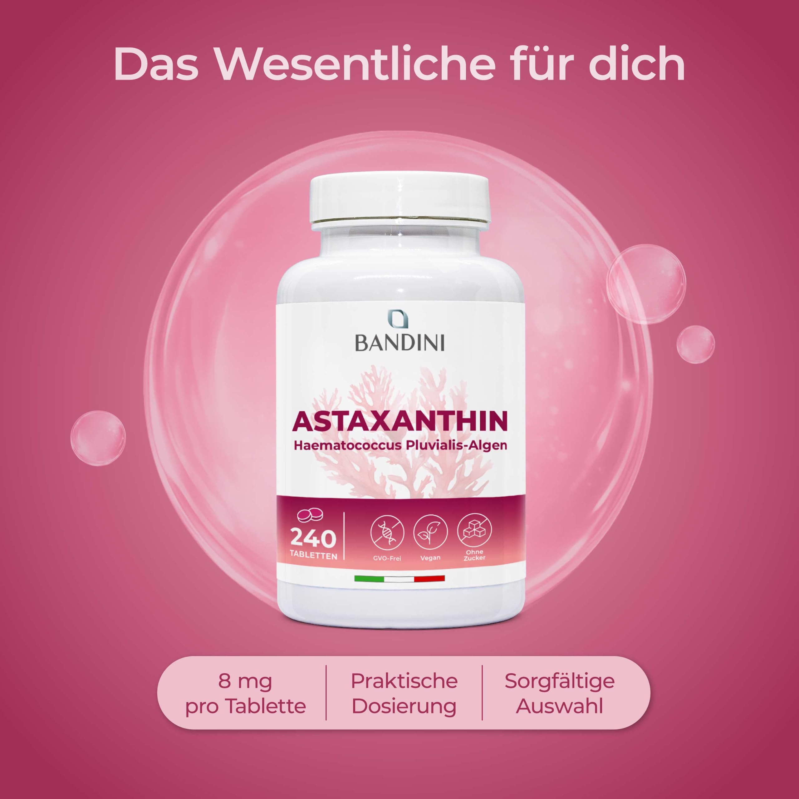 Bandini® Astaxanthin 8mg 240 Tabletten für 8 Monate (1 Tablette pro Tag) | | Hochdosiert 8 mg pro Tablette | Natürliches Astaxanthin aus Haematococcus Pluvialis Algen | Magnesiumstearatfrei, GMO-frei