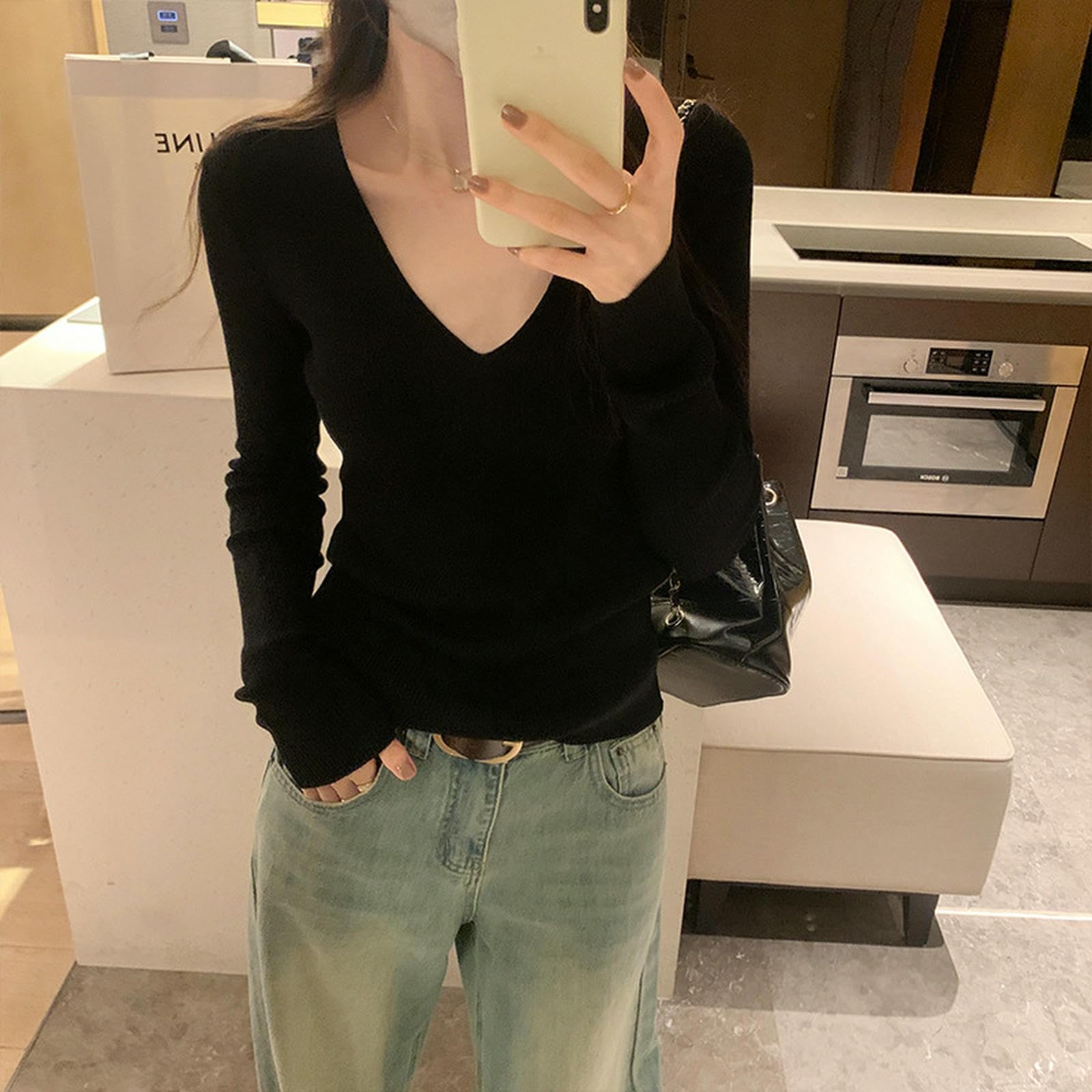 sous-vêtement Thermique Pull d'automne Et d'hiver À Col en V Long Manches Longues avec Une Chemise De Base pour Les Femmes-Noir-m
