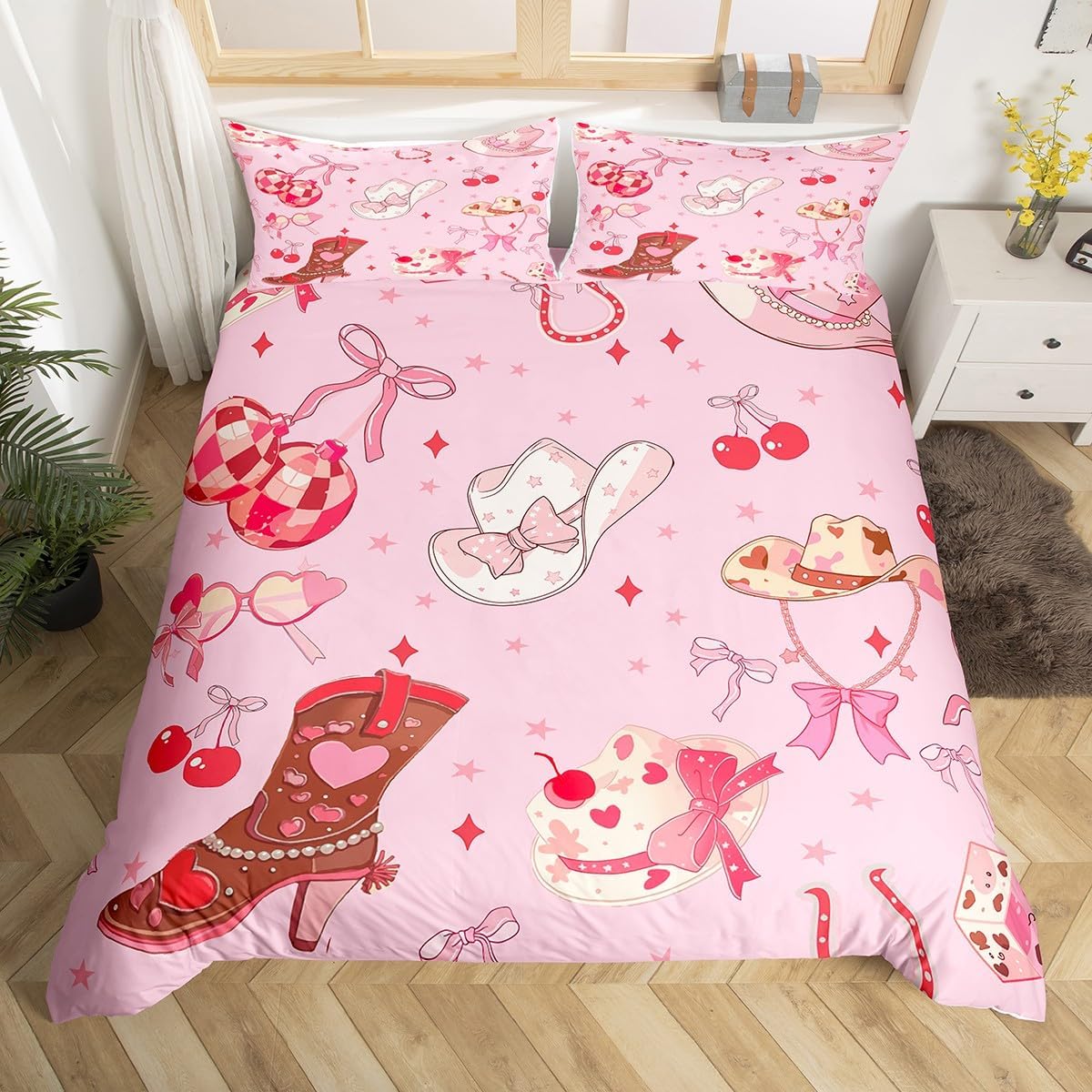 Feelyou Pink Bow Bedding Set Twin Size Western Bow Boots Duvet Cover for Boys Girls Teens Bedroom Decor Watercolor Bow Comforter Cover Set Women Men Cute Star Print Bedspread Cover with 1 Pillow Case