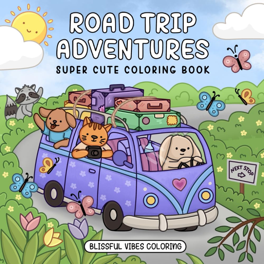 Road Trip Adventures: Super Cute Coloring Book for Adults & Teens with Fun Animal Friends, Scenic Drives, and Cozy Travel Vibes for Relaxation and Fun