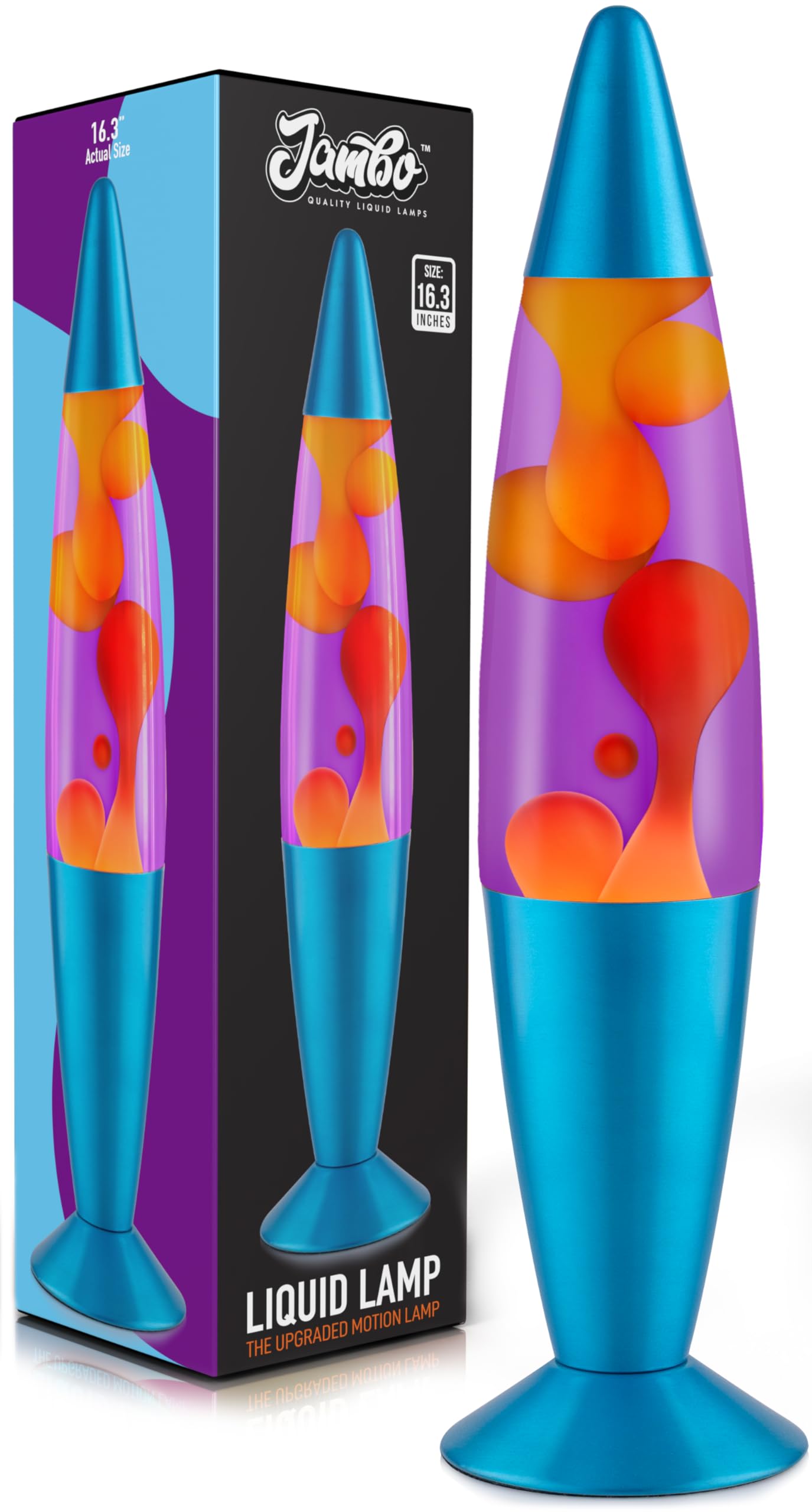 Jambo 16-inch Liquid Motion Lamp with blue base and cap, purple liquid, and orange wax.