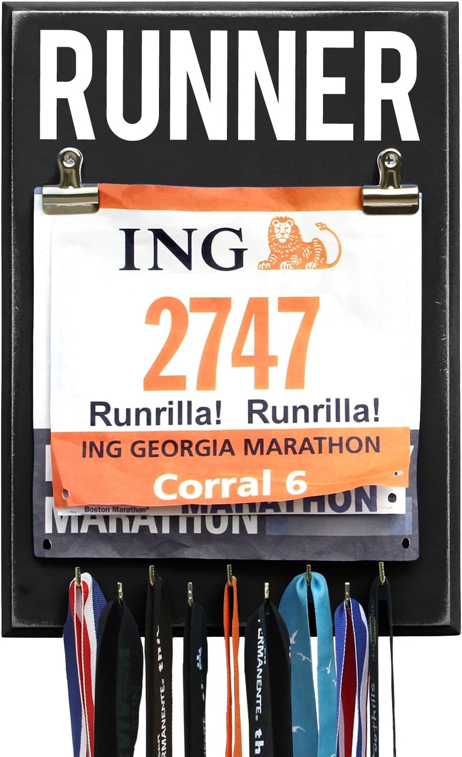RunRilla Medal and Bib Display Runner, Black, 9 Hooks
