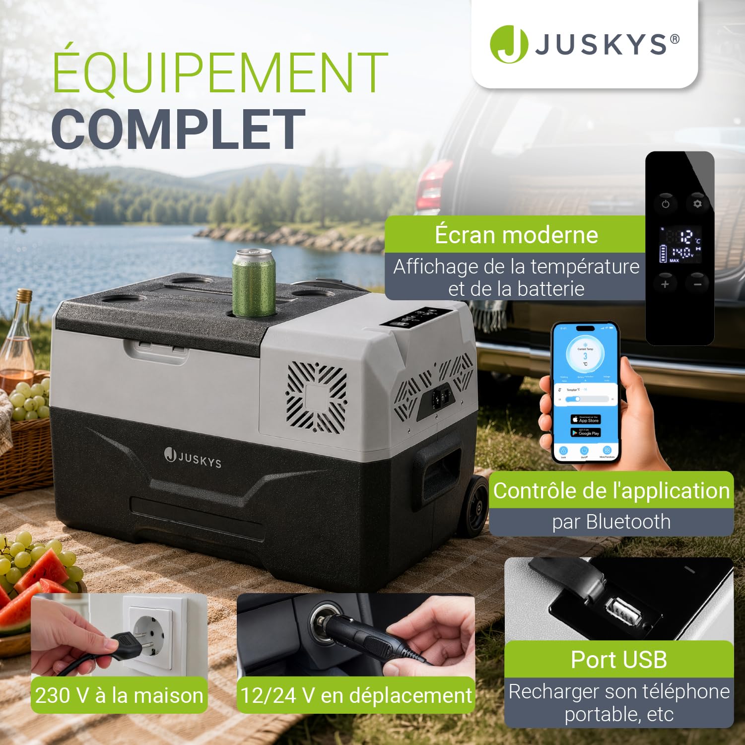 Juskys Glacière à compresseur 30 litres 12/24/230 V pour Voiture, Camion, Camping-Car - Mini réfrigérateur Froid et Chaud - glacière à compresseur pour Prise de Courant - Gris