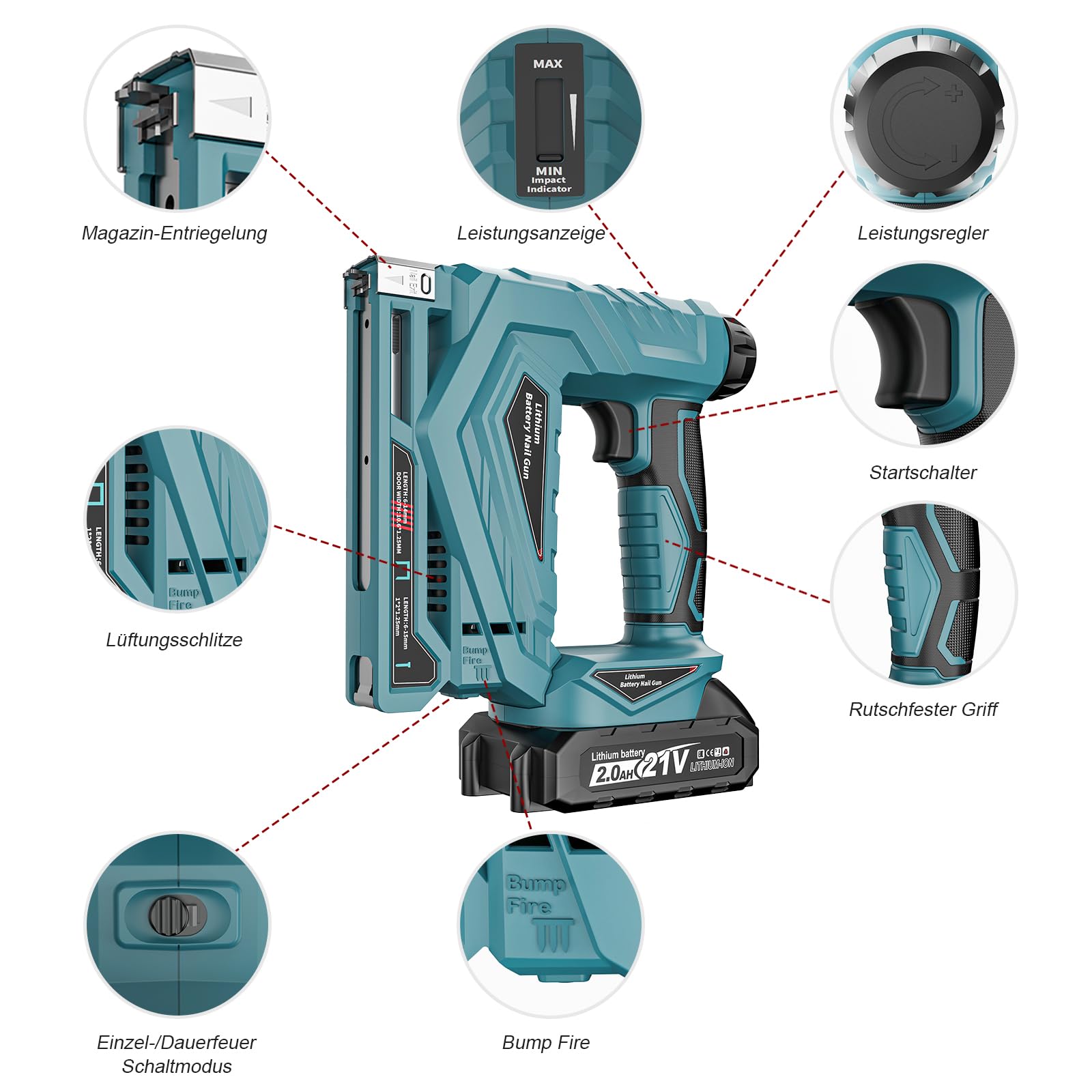 YEARTOP 2-IN-1 Akku Tacker, Elektrotacker für Bastelarbeiten/DIY/Polster | Kompatibel mit Makita 18V Akku, 2 Modi Typ 53 (6-14mm) & 18GA (6-15mm), 2 X 2000mAh Akkus & 2000 Nägel