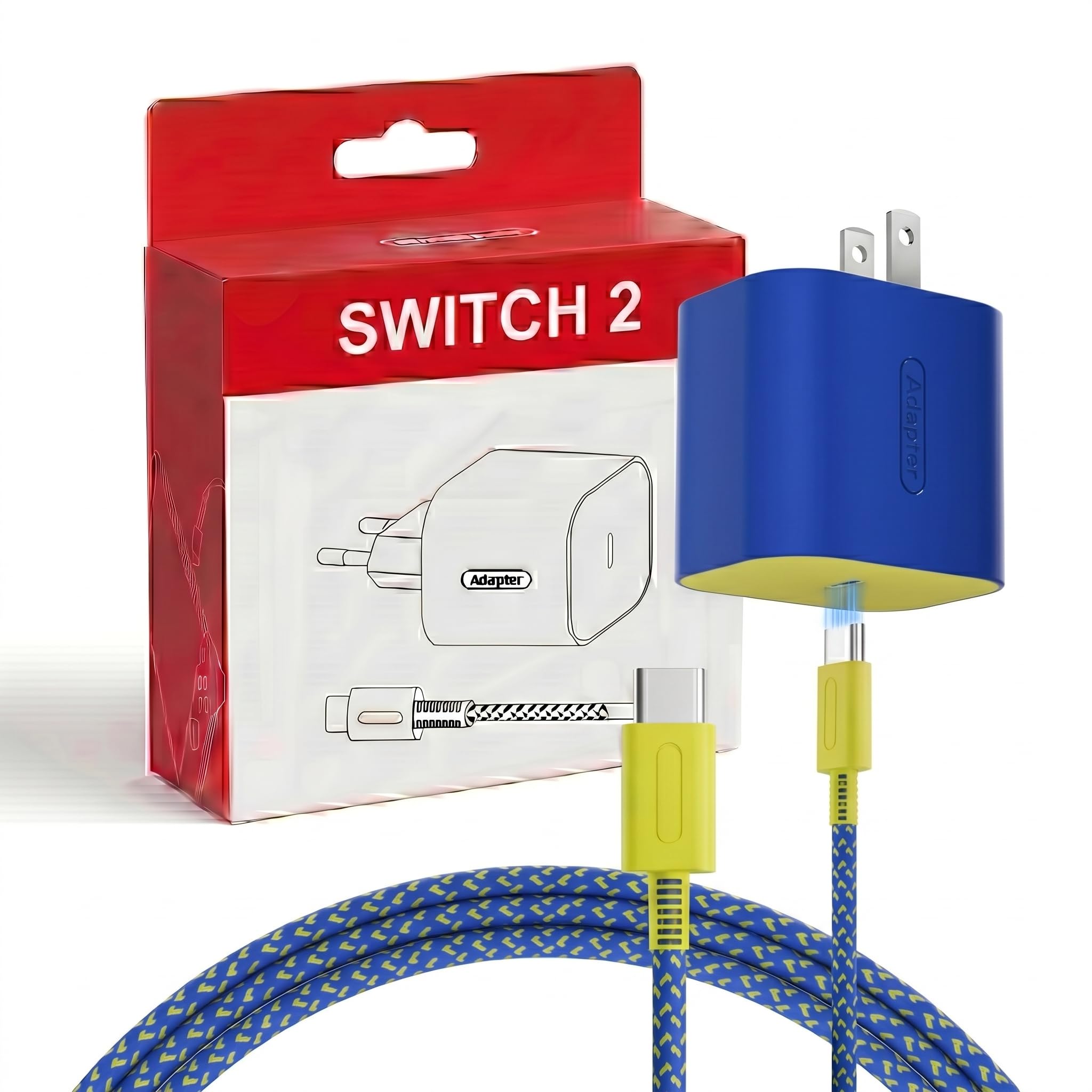 Switch 2 Charger - 60W AC Adapter (Blue &amp; Yellow), 6.6FT Fast Charging Cable, Supports 4K TV Dock Mode, 20V/3A Power Supply for Nintendo Switch/OLED/Lite &amp; Steam Deck